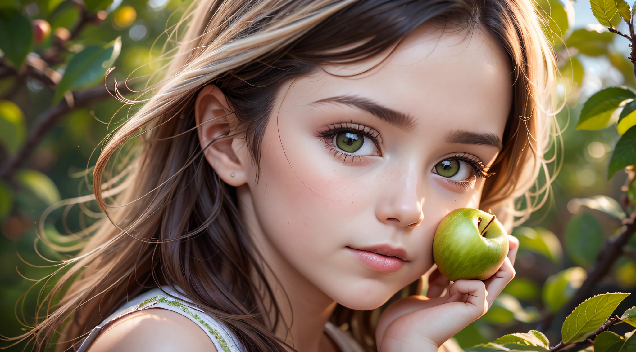 There's a  holding a green apple in her hands, holding an apple, one holds apple in hand, Shutterstock, with apple, foto de retrato em close-up, Garotinha, elma, childrens, Foto de Stock, retrato closeup, garota, Imagem de Stock, iStock, cortar, picking apples from a tree, garotada, foto de retrato, a apple, menina jovem bonito