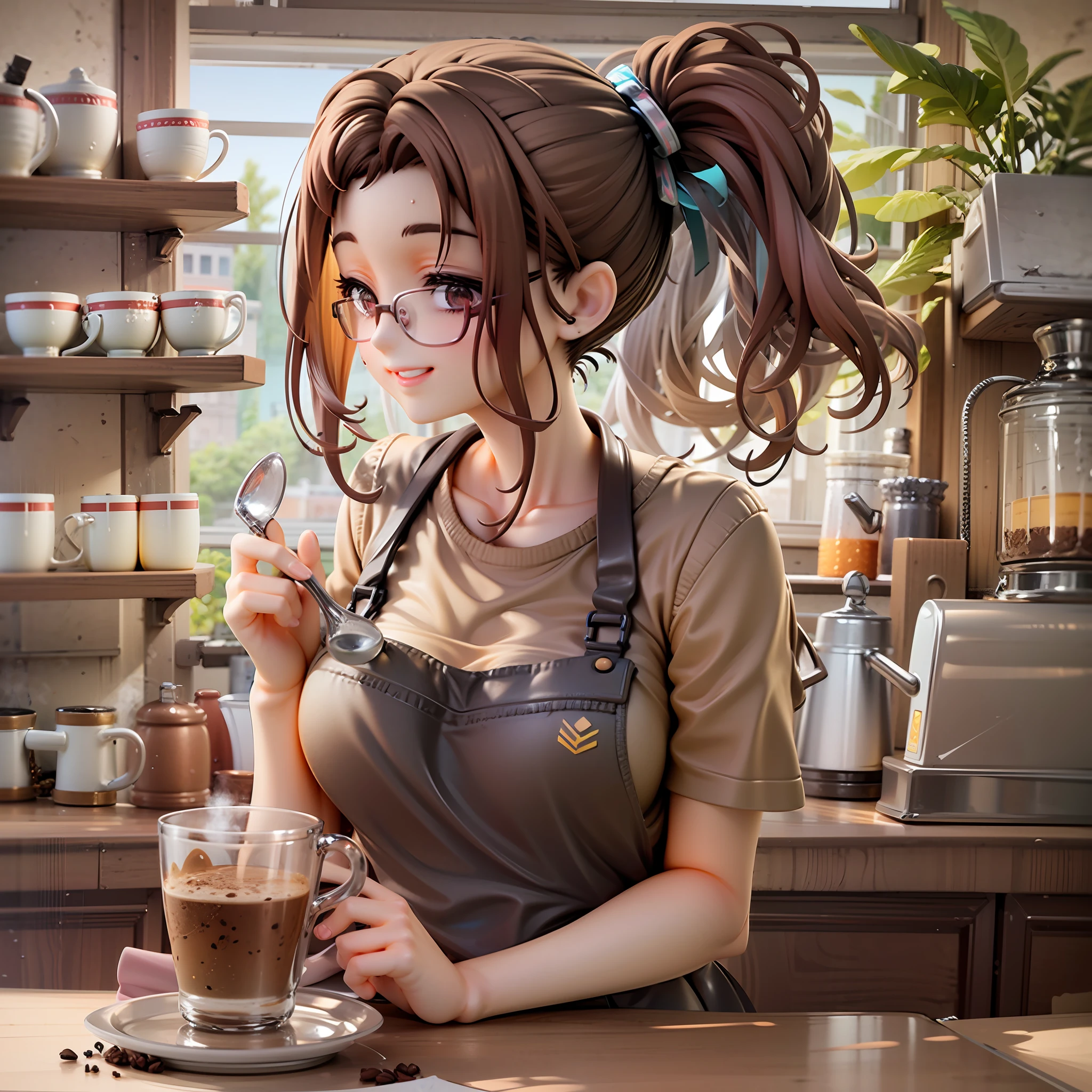 1girl, beautiful eye, smile, cafe worker, glasses, cheerful expression, barista uniform, mint green apron, coffee brown shirt, chocolate brown hair, ponytail, shoulder-length, honey-colored eyes, holding coffee cup, standing next to espresso machine, background of a cafe by the window, wooden counter, steaming espresso machine, neatly arranged coffee cups, pastries displayed under a glass cover, soft sunlight streaming through the window, fragrant aroma of coffee filling the air, chalkboard menu hanging on the wall, little potted plants adorning the windowsill, foam art on the coffee, a dusting of cocoa powder on the coffee, warm and cozy atmosphere, her figure illuminated by the soft sunlight, her apron decorated with small embroidered coffee beans, her glasses reflecting the sunlight, her ponytail swaying gently as she works, her inviting smile welcoming customers, the clinking sound of coffee cups, her focused eyes as she skillfully pours the coffee, inviting aroma of baked goods and coffee mingling in the air, steam rising from the fresh cup of coffee, gentle hum of the cafe chatter, light from the window casting soft shadows, her content expression as she enjoys her work, small beads of sweat on her forehead from the warmth of the coffee machine, soft glow on her skin from the warm light, gentle sound of the espresso machine, relaxing atmosphere of the cafe