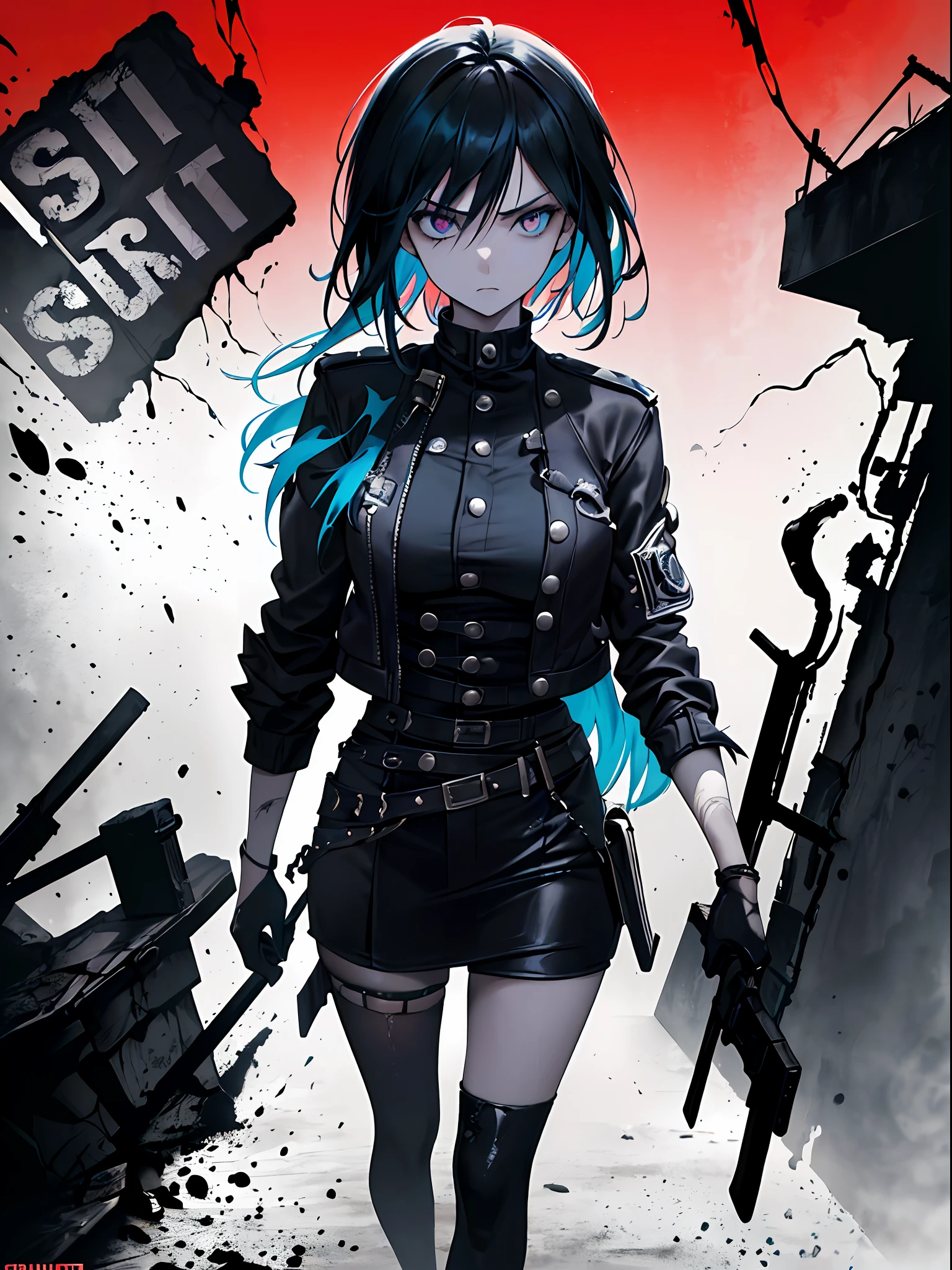 ((((dramatic))), (((gritty))), (((intense))) film poster featuring a young woman as the central character. She stands confidently in the center of the poster, wearing a stylish and edgy outfit, with a determined expression on her face. The background is dark and gritty, with a sense of danger and intensity. The text is bold and attention-grabbing, with a catchy tagline that adds to the overall feeling of drama and excitement. The color palette is mainly dark with splashes of vibrant colors, giving the poster a dynamic and visually striking appearance,tachi-e
