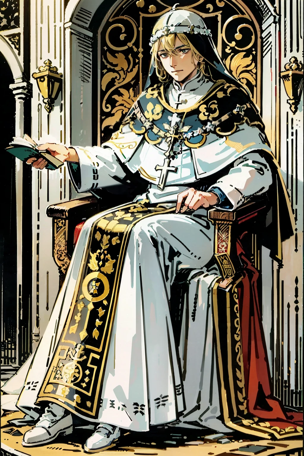 tarot cards,The Pope,authoritative,white clothes,thrones,medieval times,Religious style