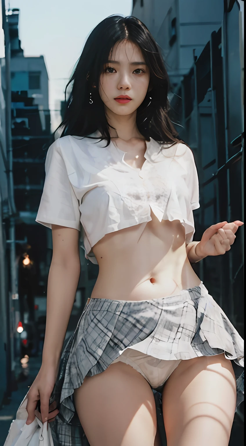 ((best qualtiy, 8K, tmasterpiece:1.3)), Focus:1.2, perfect figure beautiful woman:1.4,1womanl,largeeyes,looks into camera,an look of enjoyment,navel,(Pull up with your hands on the edge of your skirt),(Lace panties 1:1.4),see through shirt,Short skirt with pleated lines,Authentic clothing texture,Authentic clothing texture,Authentic fabric feel,Authentic clothing details,Authentic textile texture,真实感,(HighDynamicRange),Ray traching,NVIDIA RTX,Hyper-Resolution,Unreal 5,Subsurface scattering、PBR Texture、post-proces、Anisotropy Filtering、depth of fields、maximum definition and sharpness、Many-Layer Textures、Albedo e mapas Speculares、Surface coloring、Accurate simulation of light-material interactions、perfectly proportions、rendering by octane、Two-colored light、largeaperture、Low ISO、White balance、the rule of thirds,(outside,city night scene,Skysky)