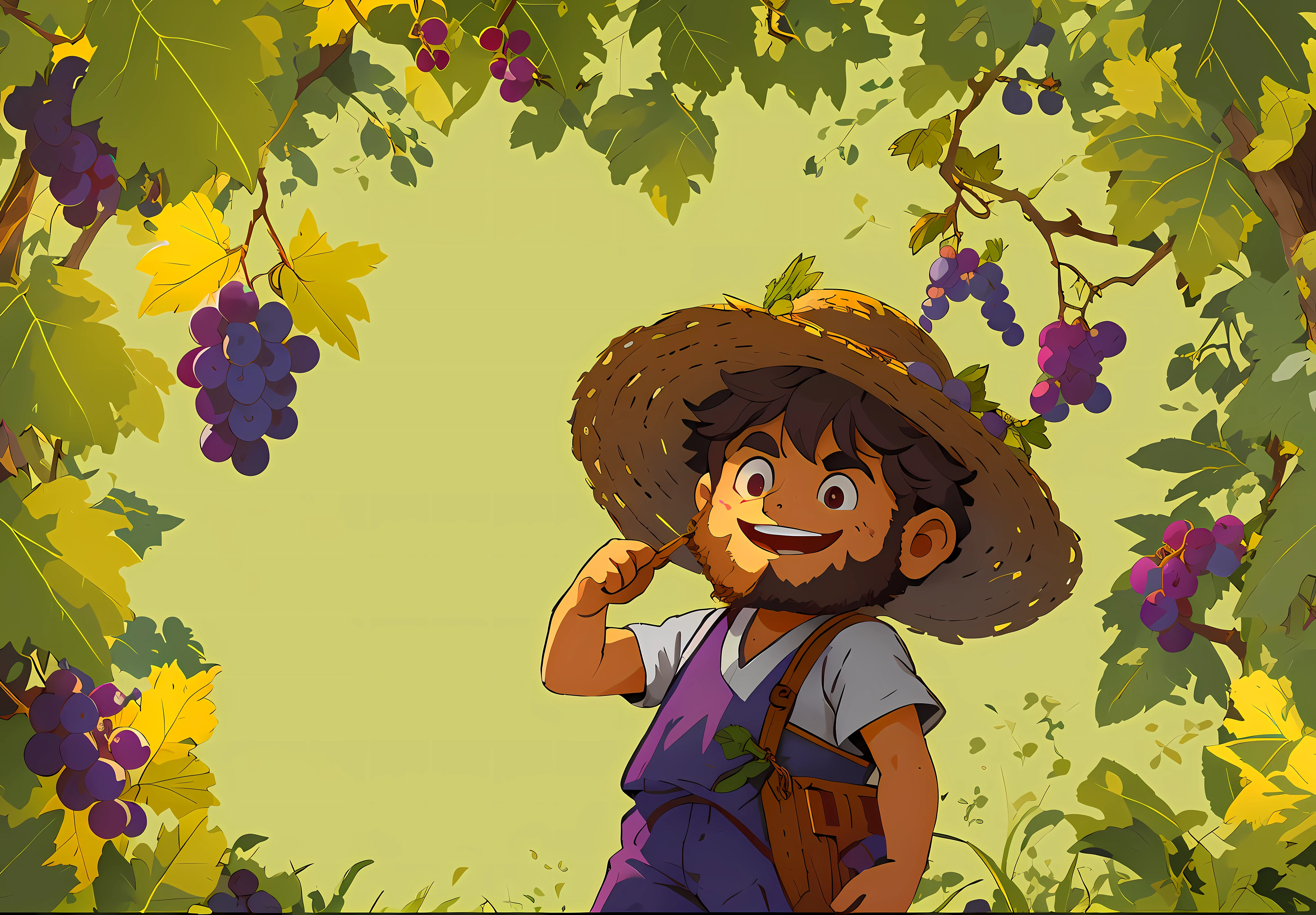 There is a grower wearing a straw hat and a straw hat,The details of the hands are rich,The action is reasonable,In the vineyard,Large grapes,Meticulous attention to detail,and fine details of grape leaves, offcial art, Official illustration, the wallpaper!, Official artwork, official character art, official character illustration,Commercial digital painting, 2d painting,Reasonable details,Master-like details,Reasonable composition,Flat illustration style