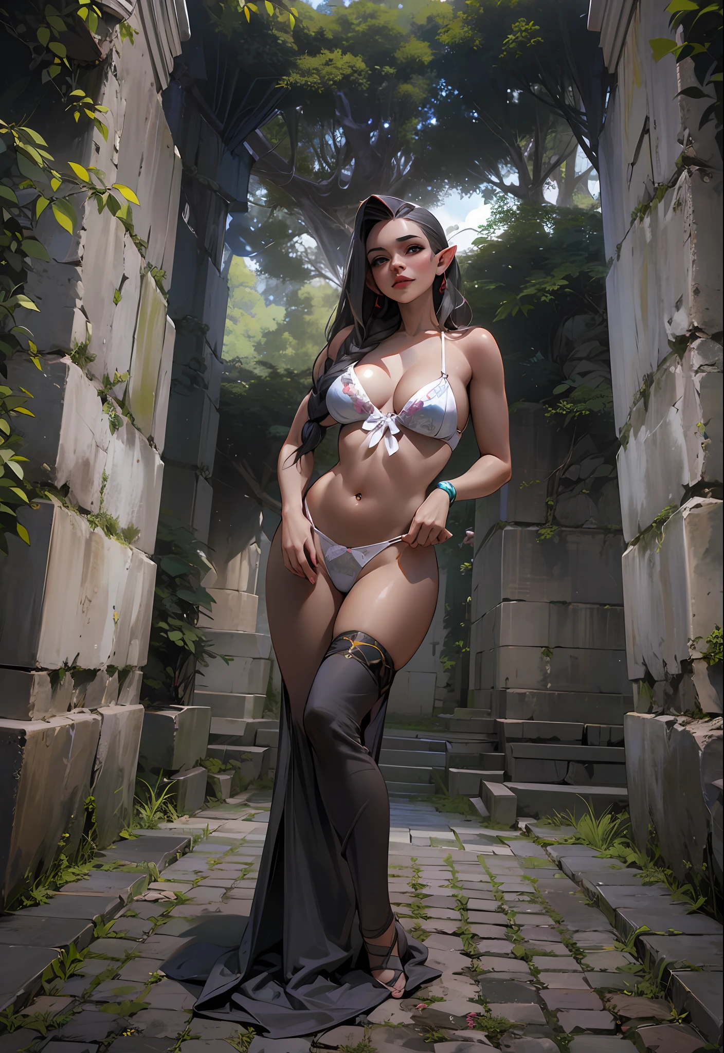 There's an elf (Arshes No de Bastard) ultra thin bikini, elfa adulta de 30 anos, Morena, marrom (Peta Jensen), (Camgirl), (onlyfans) posando sob um arco de pedra arruinado, Ancestral ruins, covered by vegetation and vineyards, Aztec Ancient Ruins, cinematic natural light, dust particles in light, Bottom view, Bottom viewing angle, olhar de baixo para cima, olhando de baixo, close de baixo, MULHER SEXY, sensual, provocador, cabelos escuros, hair with a long braid over the chest, smaller braids on the head, Dark grey head |, olhar sexy, olhos verdes, branca, sarda no rosto, realista, boca entreaberta, sensualidade ao extremo, Seios enormes (Oppai), massive breasts, seios grandes soltos (Latina Jennifer Mendez adult video 1 8 years), seios arredondados, seios grandes (Angela White) com pintas, sardas, Fundo, sardas no peito, piercing na barriga, barriga sexy, barriga levemente marcada, Fofa, sexy :8, A partir de 8 K fosco, sexy look at the camera, Ultra thin white bra, molhado, transparente, pose atraente, ultra thin bikini, tanga amarrada na cintura, Branco, bikini squeezing breasts, seios explodindo, bicos duros, mamilos endurecidos, enrijecidos, Excitado, lascivo, provocador, corpo sexy, quadril largo, coxa grossa, Pose sexy, Realistic bikini, corpo perfeito, 4k], Tiny white bra, 4 mil ], Sling bikini, realista, perfect  lighting, contraste perFeito, sombra,Bottom view, camera from below, realista, filtro escuro, profundidade, 4k
