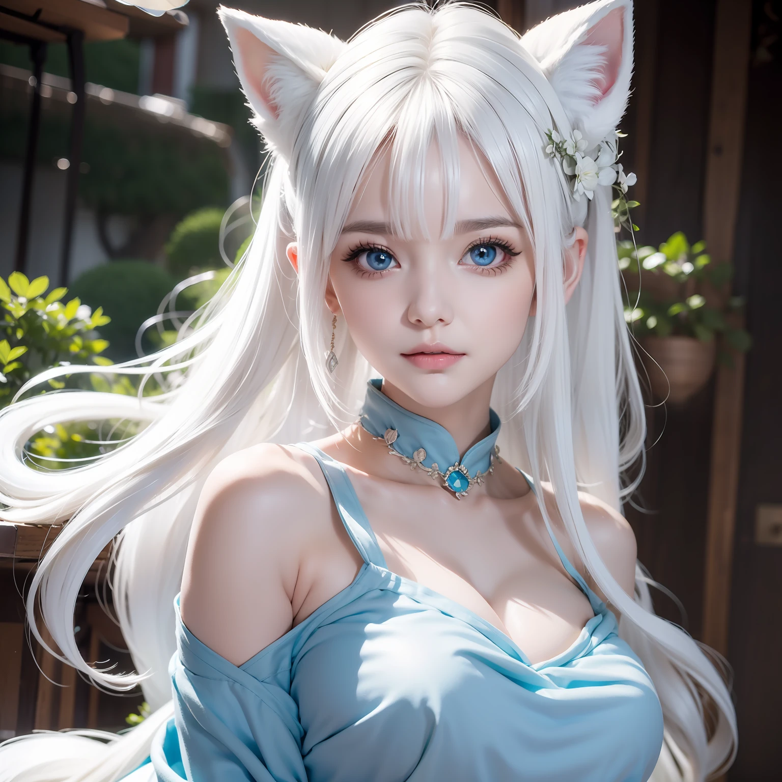 Fox ears white hair girl，fluffy fox ears，fox tails，No ears，Pink floral maxi dress，A beauty with only fox ears，Hair clogs the ears，Fox girl，Fox eyes，Enchanted，Charming，16k， best qualityer， tmasterpiece， 1womanl， 独奏， mature， Raised sexy， Highly detailed face and eyes， professional make-up，  ，， glow blue eyes，Fox ears white hair girl