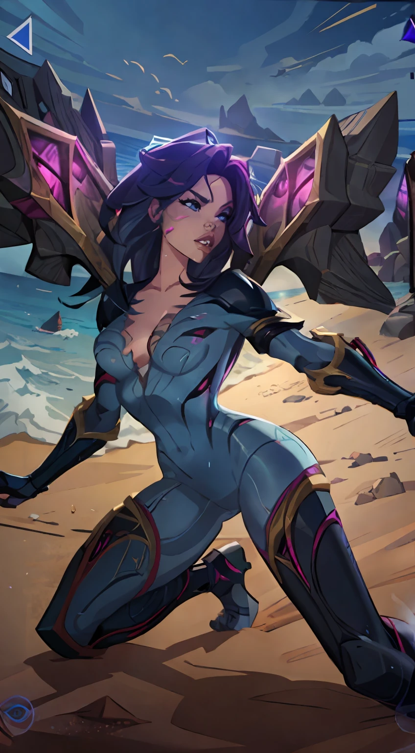 1girl, kai'sa, void wing, weapon, league of legends, at the beach, sand, sea, ocean, sexy, hot, anatomy, loish, artstation, 4k