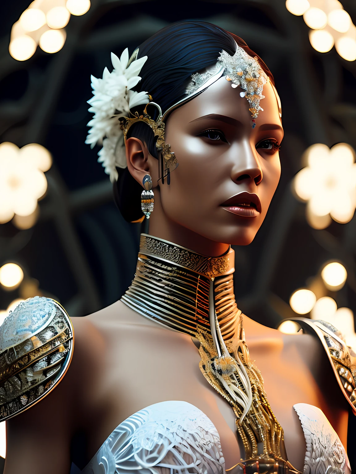 Complex 3 d render of a beautiful fascinating biomechanical female cyborg with a porcelain face, analog, beautiful natural light, rim light, 1 5 0 mm lens, aztec warrior, feathers, piercing, aztec tattoos, white blossoms, vanilla leaves and stems, sinuous roots, white blossoms, fine foliage lace, steampunk, silver gold filigree details, alexander mcqueen high fashion haute couture, pearl earring, art nouveau fashion embroidered, hexagonal mesh wire, mandelbrot fractal, facial muscles, cable wires, microchip, elegant, beautiful natural light, studio lights, rim light, highly detailed, hyperrealistic, sharp, octane render, h. r. giger style, volumetric lighting, 8 k post production