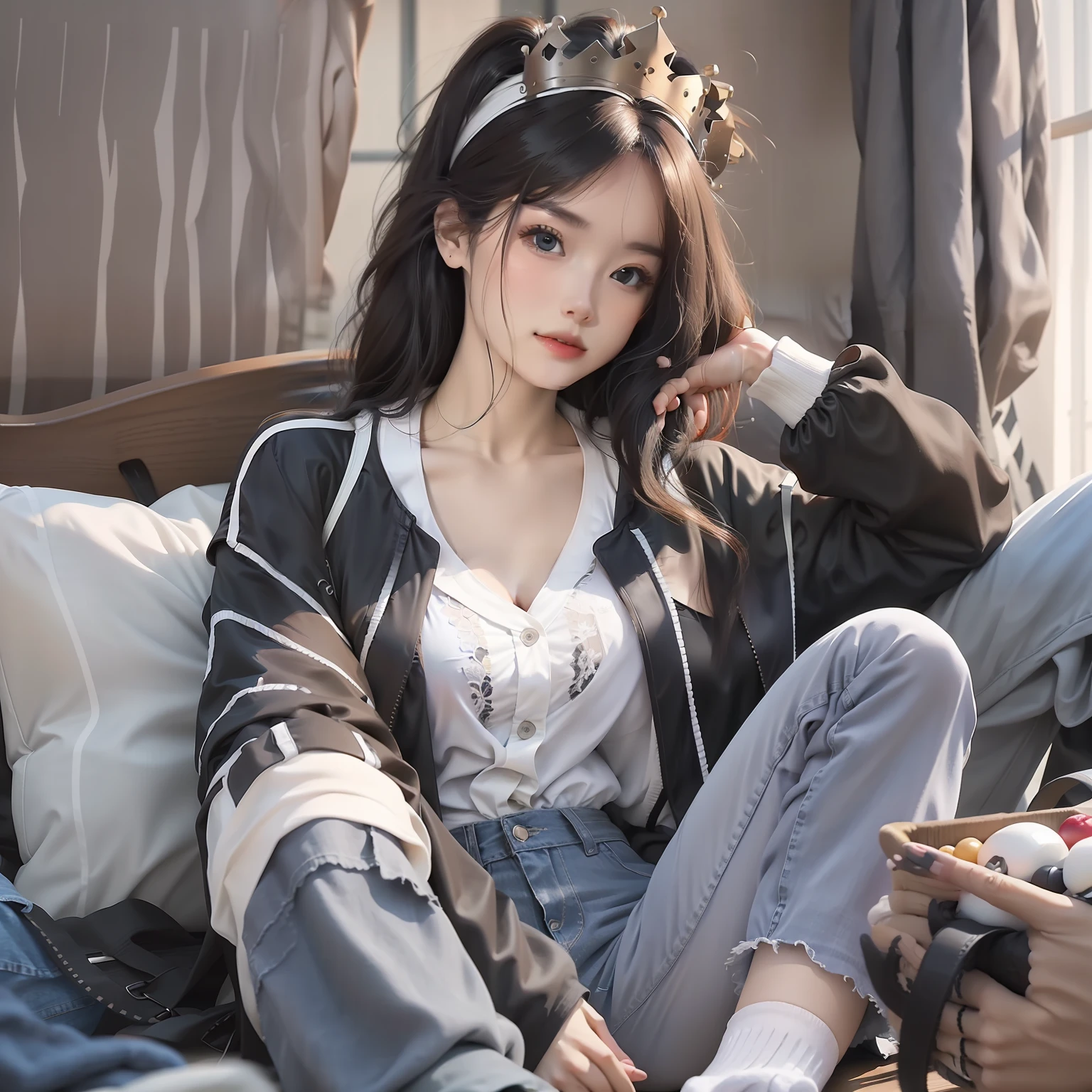 A woman who is，full bodyesbian，White color blouse，a black trench coat，blue denim pants，White cotton socks，cabelos preto e longos，Lie down in bed，Realistic painting style，Crown on head