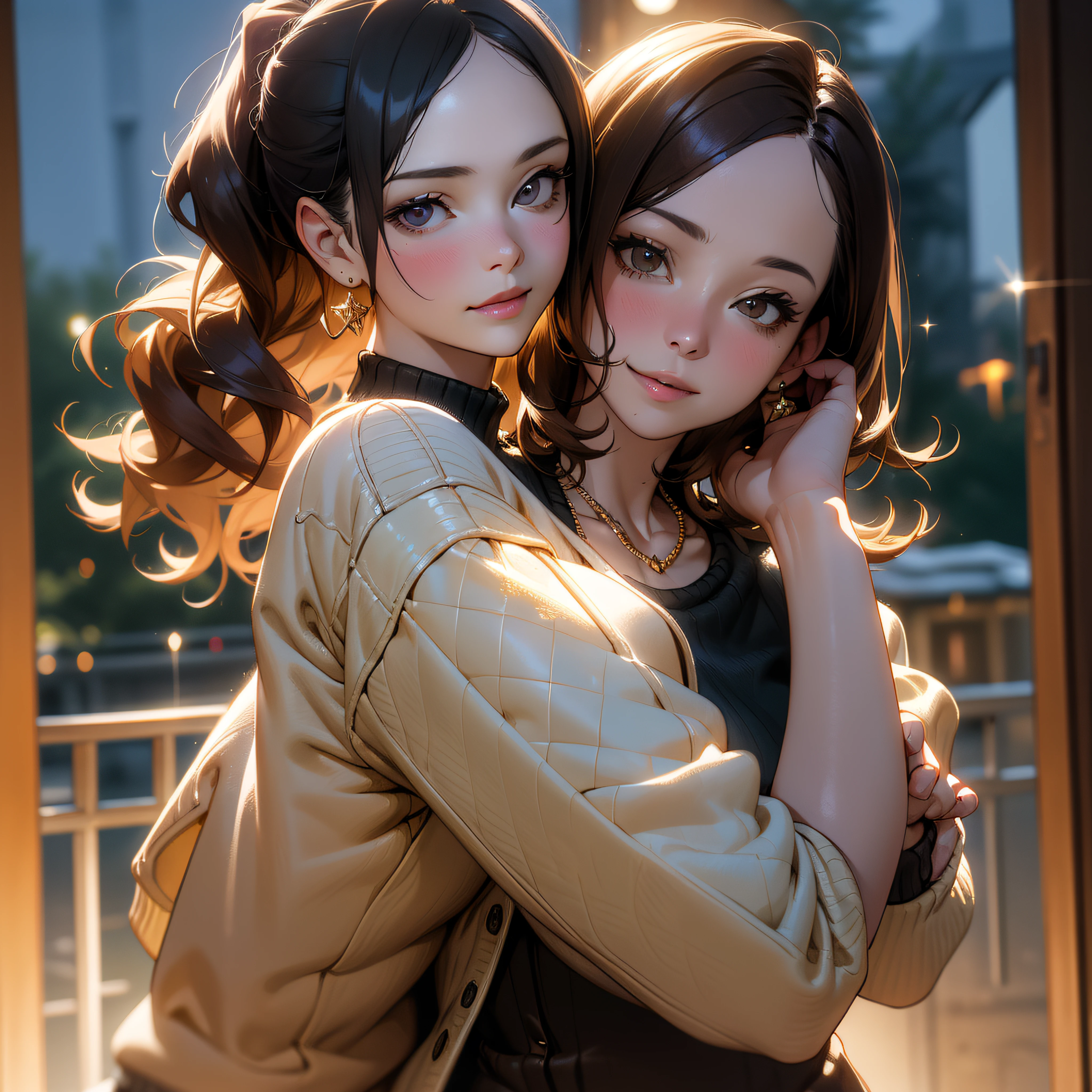 (masutepiece:1.3), High resolution, ultra-detailliert, the Extremely Detailed CG Unity 8K Wallpapers, Realistic, Photorealsitic, Raw photo, beautifull detailed face, pale skin, realistic glistening skin, Detailed Cloth Texture, detailed hair texture, Perfect Style, Beautiful face, acurate, Anatomically correct, Highly detailed face and skin texture, Detailed eyes, Brown eyes, Double eyelids, Thin eyebrows, (Dropped eyes:0.65), (Glitter Eyeliner:1.2), Natural cheeks, Glossy skin, (Fair skin:1.2), shiny necklace and earrings, (Glossy lips: 1.4), BREAK (Classy and cute girl:1.3), (high-ponytail Hairstyle, Wavy Hair, dark brown hair), (cute smile face:1.2), (blush:1.1), (While wearing a light green knitted sweater:1.3), (Wear a Gorgeous leather jacket:1.3), (Gorgeous leather shorts:1.2), (Black stockings), (high-heels), middlebreast, BREAK ((Upper body:1.2)), (Focus on Face:1.2), (Smile at your audience), (At the entrance to her house:1.2), ((At night:1.2)),