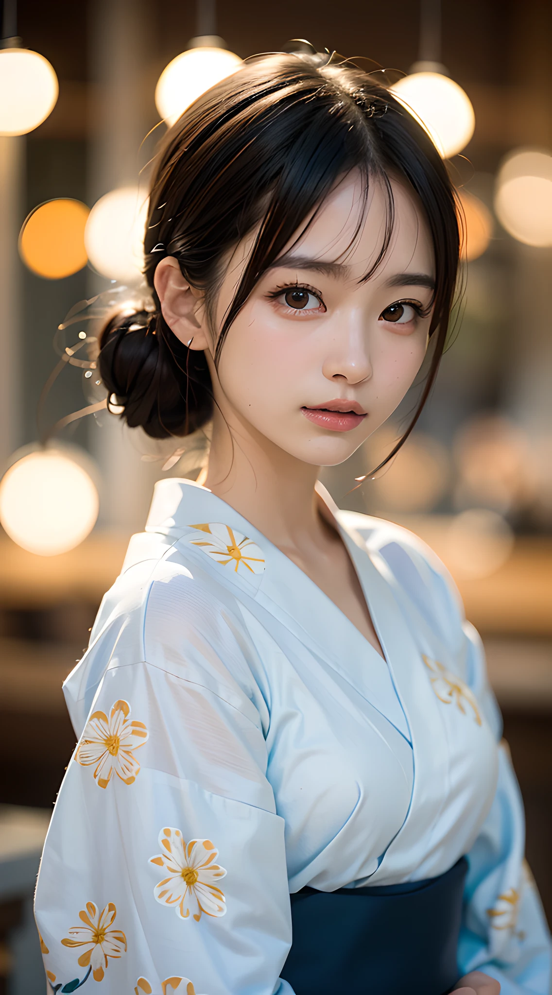 (masterpiece, best quality:1.4), beautiful face, 8k, 85mm, absurdres, (floral pattern yukata:1.4), face close up, violaceaess, gardeniass, delicate girl, solo, night, looking at viewer, upper body, film grain, chromatic aberration, sharp focus, facelight, professional lighting, sophisticated, (smile:0.4), (simple background, bokeh background:1.2), detail face