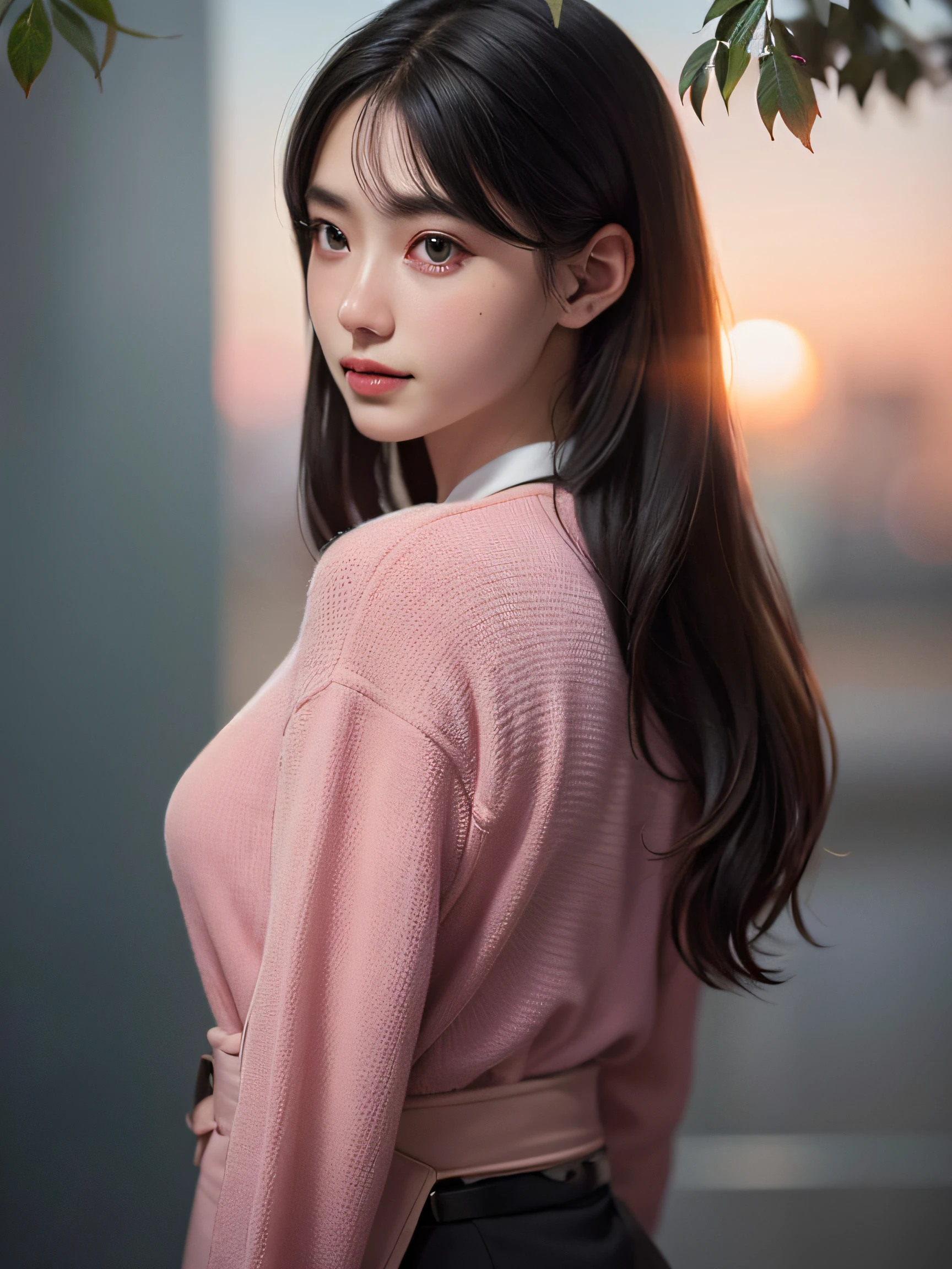 photo of a 20yo woman, waist up, looking at camera, wear suit, (againts pink leaves) tree, natural skin texture, 4k textures, soft cinematic light, intricate details, elegant, highly detailed, sharp focus, soothing tones, exposure blend, hdr, faded, hyperdetailed, backlighting, 85mm, close-up, best quality, photorealistic, volumetric fog, analog style, (cinematic look)