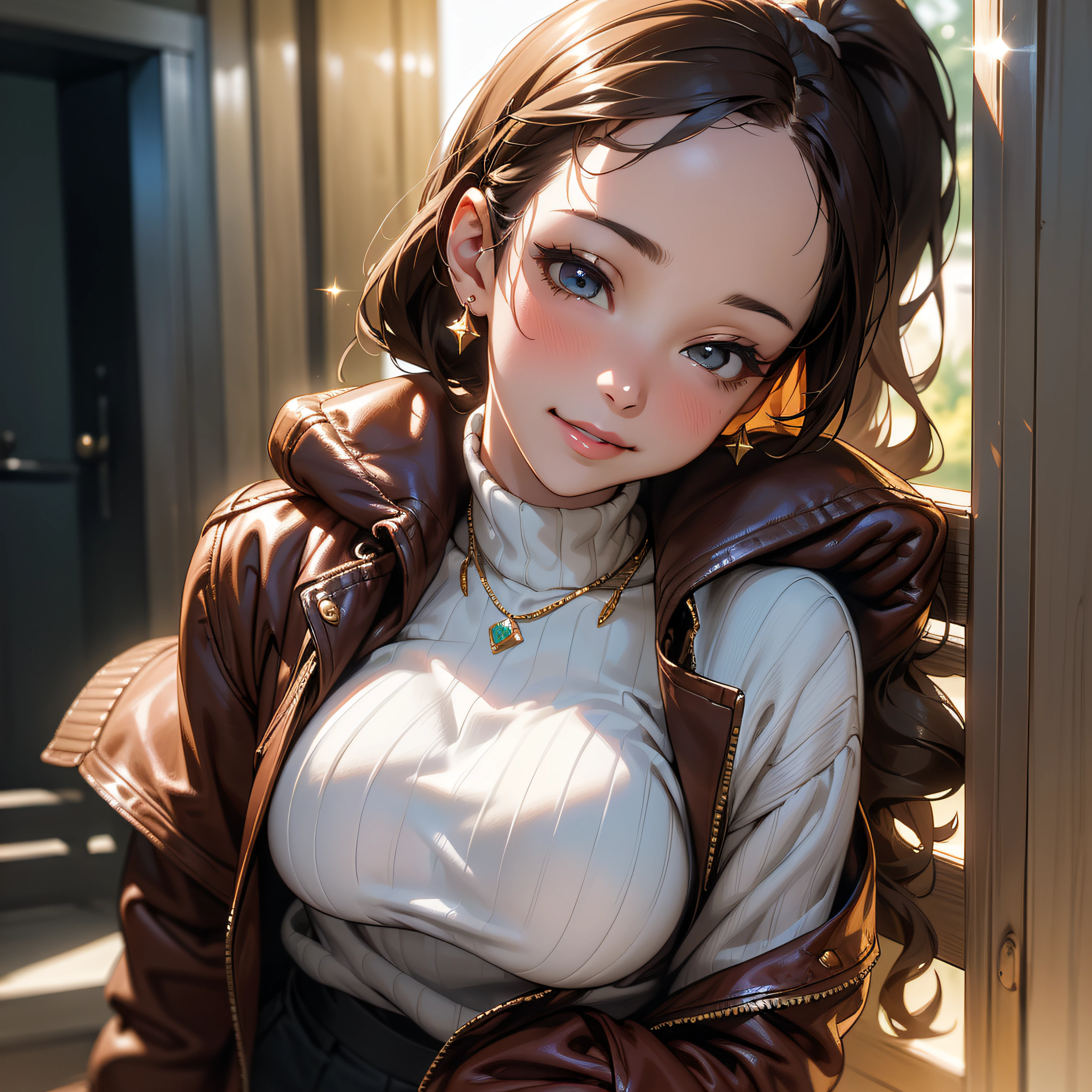 (masutepiece:1.3), High resolution, ultra-detailliert, the Extremely Detailed CG Unity 8K Wallpapers, Realistic, Photorealsitic, Raw photo, beautifull detailed face, pale skin, realistic glistening skin, Detailed Cloth Texture, detailed hair texture, Perfect Style, Beautiful face, acurate, Anatomically correct, Highly detailed face and skin texture, Detailed eyes, Brown eyes, Double eyelids, Thin eyebrows, (Dropped eyes:0.65), (Glitter Eyeliner:1.2), Natural cheeks, Glossy skin, (Fair skin:1.2), shiny necklace and earrings, (Glossy lips: 1.4), BREAK (Classy and cute girl:1.3), (high-ponytail Hairstyle, Wavy Hair, dark brown hair), (cute smile face:1.2), (blush:1.1), (While wearing a light green knitted sweater:1.3), (Wear a Gorgeous leather jacket:1.3), (Gorgeous leather shorts:1.2), (Black stockings), (high-heels), middlebreast, BREAK ((Upper body:1.2)), (Focus on Face:1.2), (Smile at your audience), (At the entrance to her house:1.2), ((At night:1.2)),