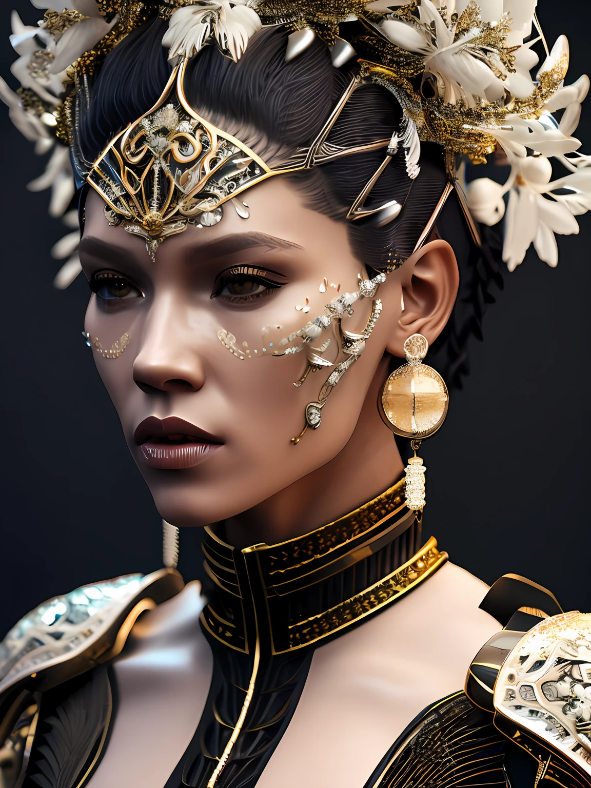 Complex 3 d render of a beautiful fascinating biomechanical female cyborg with a porcelain face, analog, beautiful natural light, rim light, 1 5 0 mm lens, aztec warrior, feathers, piercing, aztec tattoos, white blossoms, vanilla leaves and stems, sinuous roots, white blossoms, fine foliage lace, steampunk, silver gold filigree details, alexander mcqueen high fashion haute couture, pearl earring, art nouveau fashion embroidered, hexagonal mesh wire, mandelbrot fractal, facial muscles, cable wires, microchip, elegant, beautiful natural light, studio lights, rim light, highly detailed, hyperrealistic, sharp, octane render, h. r. giger style, volumetric lighting, 8 k post production