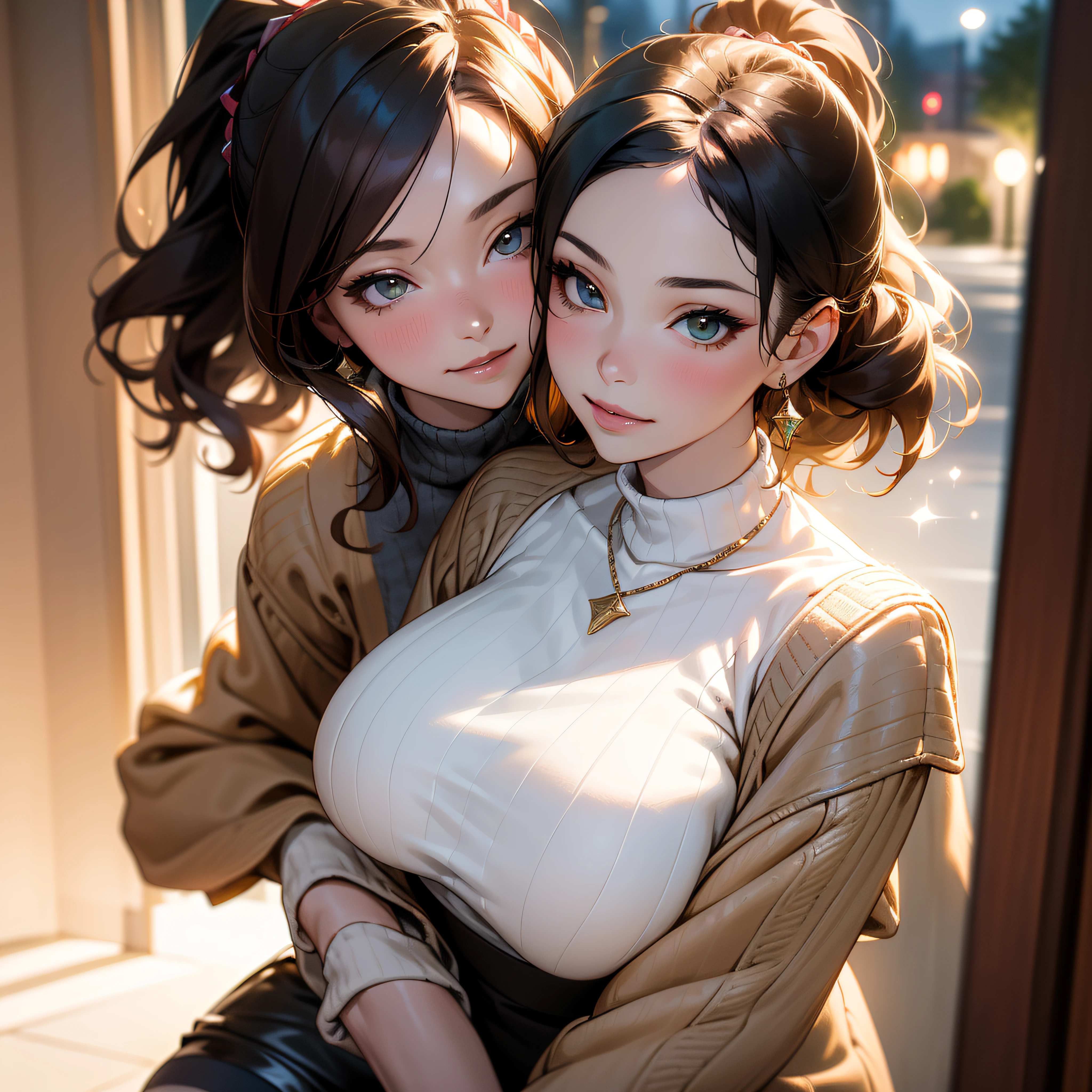 (masutepiece:1.3), High resolution, ultra-detailliert, the Extremely Detailed CG Unity 8K Wallpapers, Realistic, Photorealsitic, Raw photo, beautifull detailed face, pale skin, realistic glistening skin, Detailed Cloth Texture, detailed hair texture, Perfect Style, Beautiful face, acurate, Anatomically correct, Highly detailed face and skin texture, Detailed eyes, Brown eyes, Double eyelids, Thin eyebrows, (Dropped eyes:0.65), (Glitter Eyeliner:1.2), Natural cheeks, Glossy skin, (Fair skin:1.2), shiny necklace and earrings, (Glossy lips: 1.4), BREAK (Classy and cute girl:1.3), (high-ponytail Hairstyle, Wavy Hair, dark brown hair), (cute smile face:1.2), (blush:1.1), (While wearing a light green knitted sweater:1.3), (Wear a Gorgeous leather jacket:1.3), (Gorgeous leather shorts:1.2), (Black stockings), (high-heels), middlebreast, BREAK ((Upper body:1.2)), (Focus on Face:1.2), (Smile at your audience), (At the entrance to her house:1.2), ((At night:1.2)),