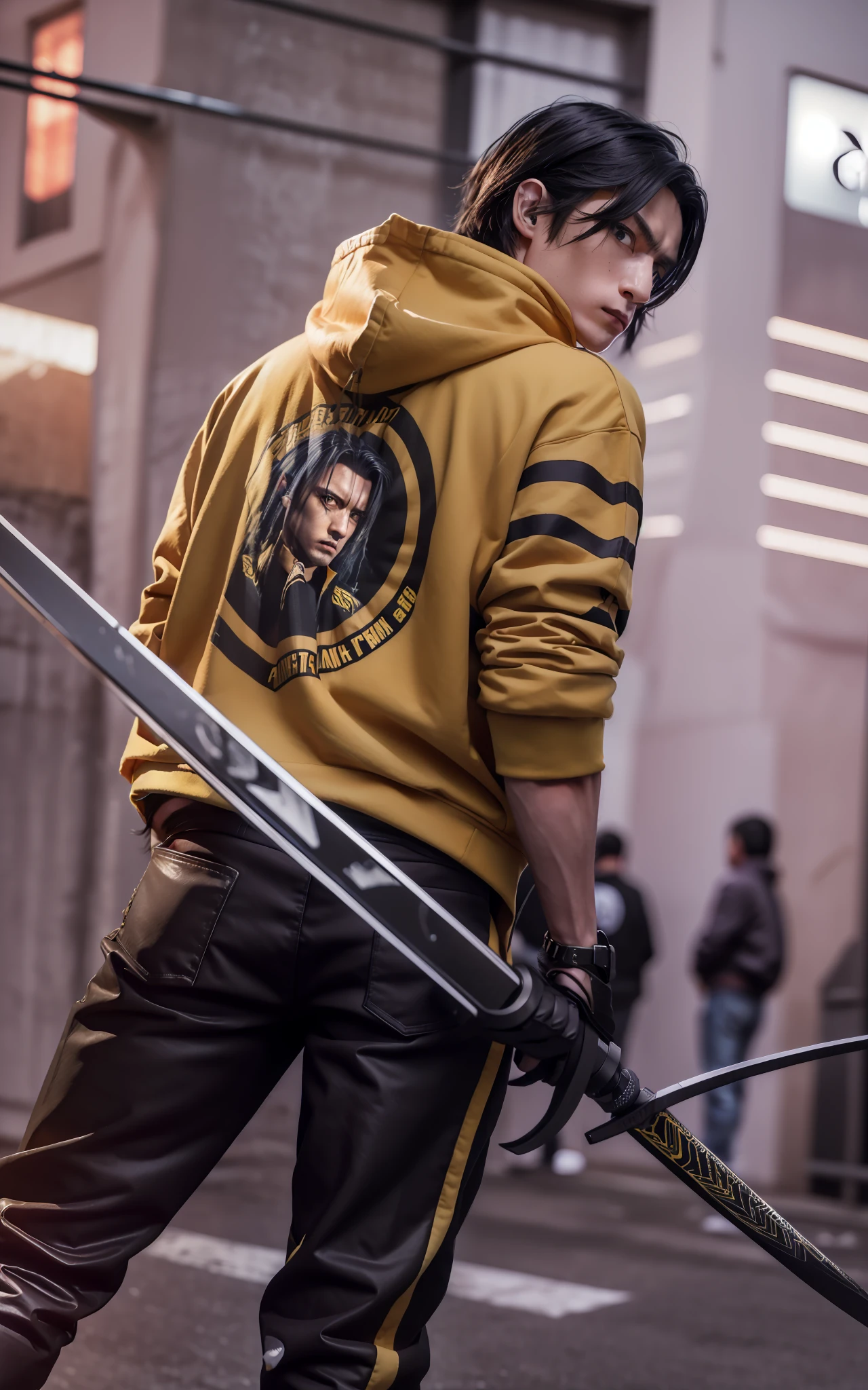 ((Best Quality, 4K, Masterpiece: 1.3)), (Detailed: 1.4), a man with loves and swords in a city at night, inspired by Li Shida, a man with black and Pink hair, cyberpunk anime girl in hoodie, an edgy teen assassin, short hair, 1boy, a man with perfect eyes, open eyes, cyberpunk street goon, katana zero video game character, badass man, cyberpunk street, with yellow hoodie, 4K, HD, Ultra Realistic, extremely detailed