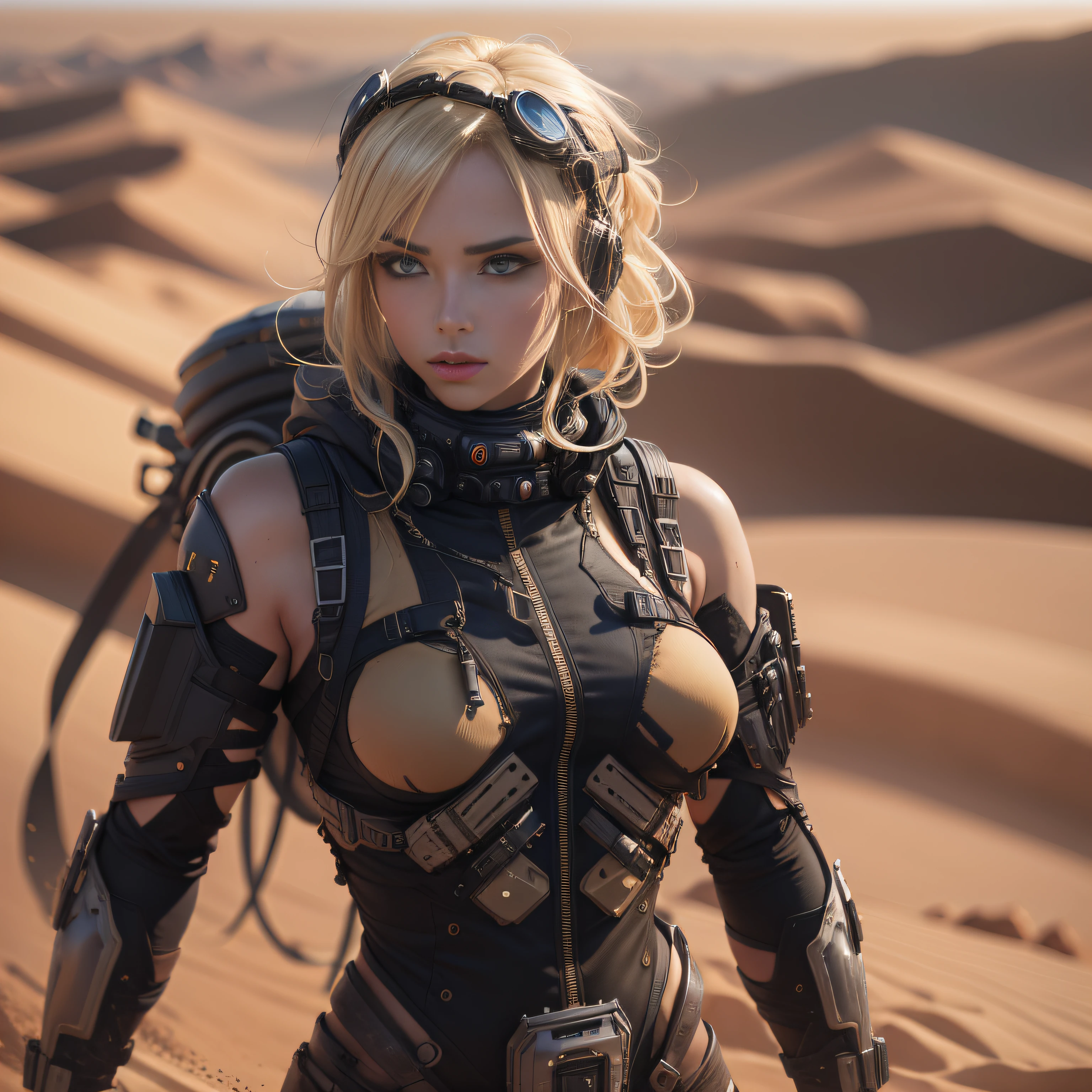 blonde goddess, perfect blonde hair, cyperpunk desert theme, apocalyptic desert theme, woman alone poze, black survival suit, sexy suit, sandstorm, sexy goddess woman, 4k ultra hd photo shot, veri detailed light