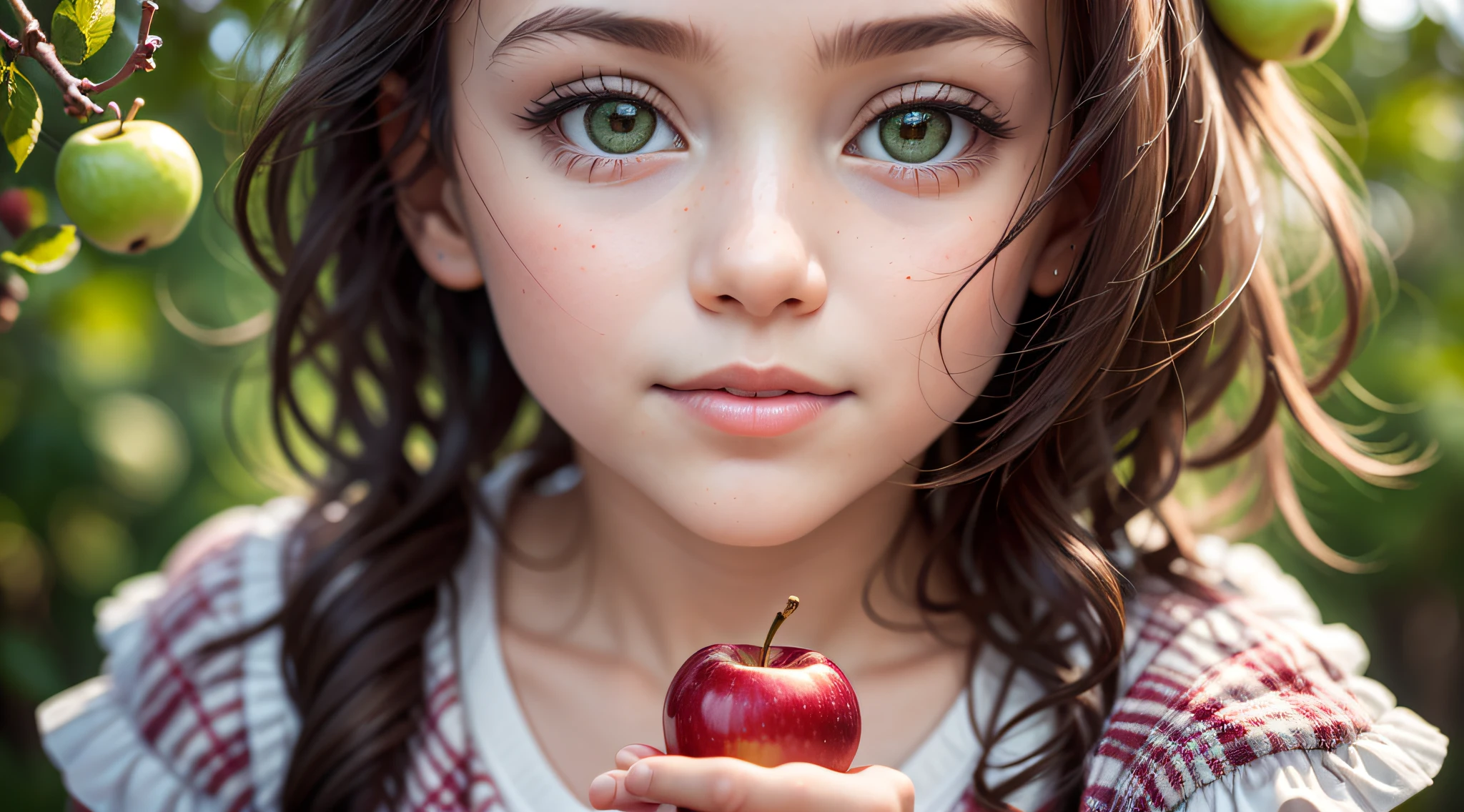 There's a little girl holding a green apple in her hands, holding an apple, one holds apple in hand, Shutterstock, with apple, foto de retrato em close-up, Garotinha, elma, childrens, Foto de Stock, retrato closeup, garota, Imagem de Stock, iStock, cortar, picking apples from a tree, garotada, foto de retrato, a apple, menina jovem bonito