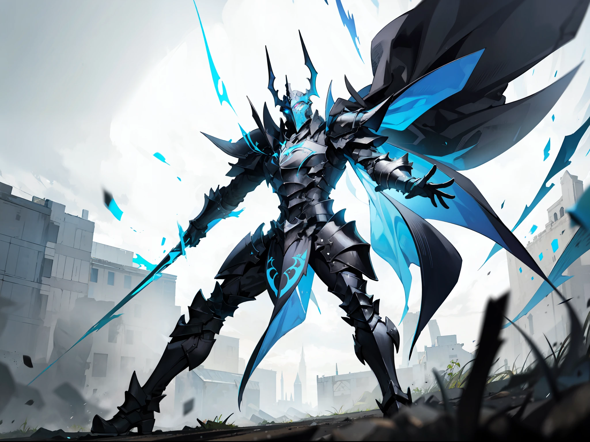 "generate a full black armored standing arrogantly on the battlefield with horrible aura"