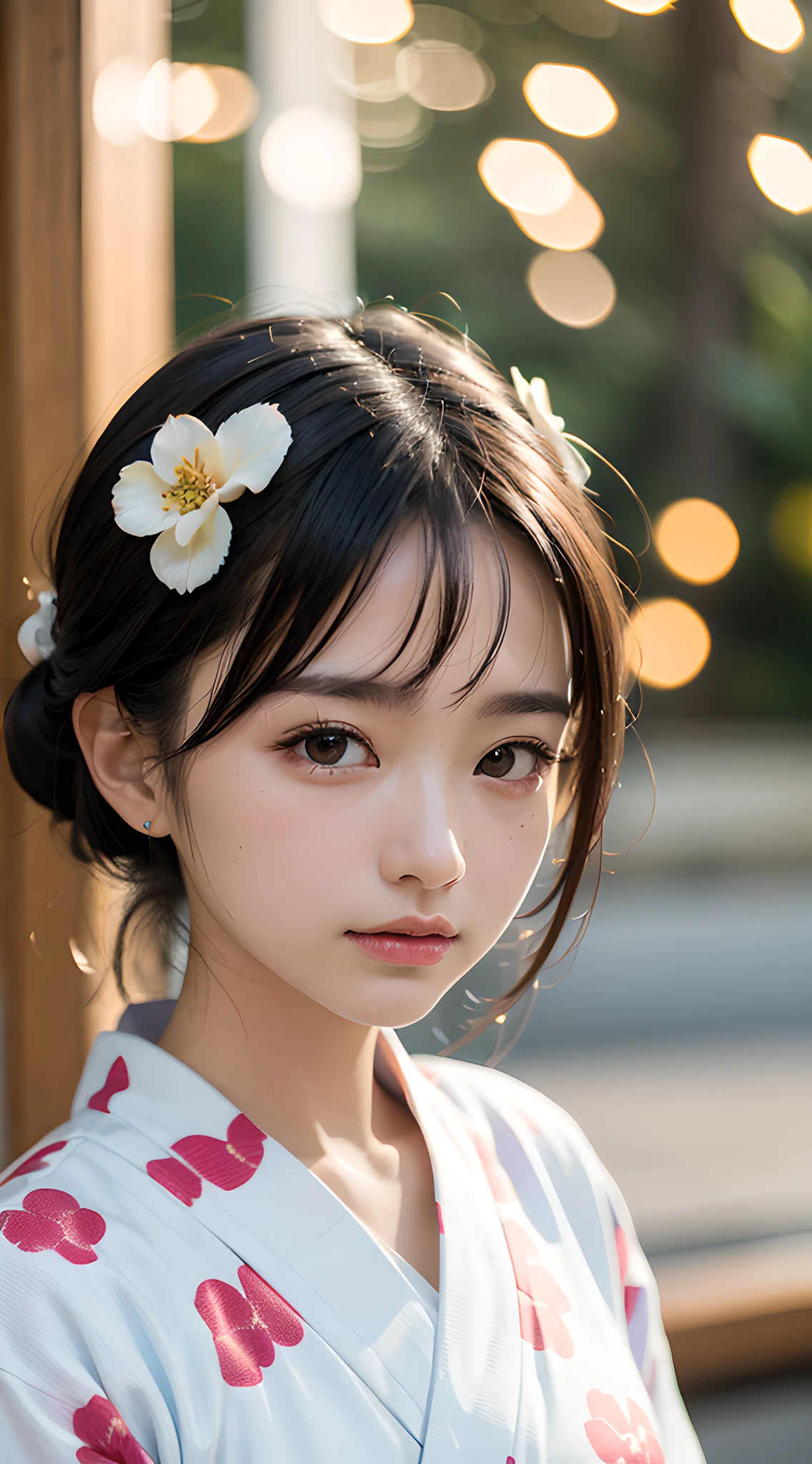 (masterpiece, best quality:1.4), beautiful face, 8k, 85mm, absurdres, (floral pattern yukata:1.4), face close up, violaceaess, gardeniass, delicate girl, solo, night, looking at viewer, upper body, film grain, chromatic aberration, sharp focus, facelight, professional lighting, sophisticated, (smile:0.4), (simple background, bokeh background:1.2), detail face