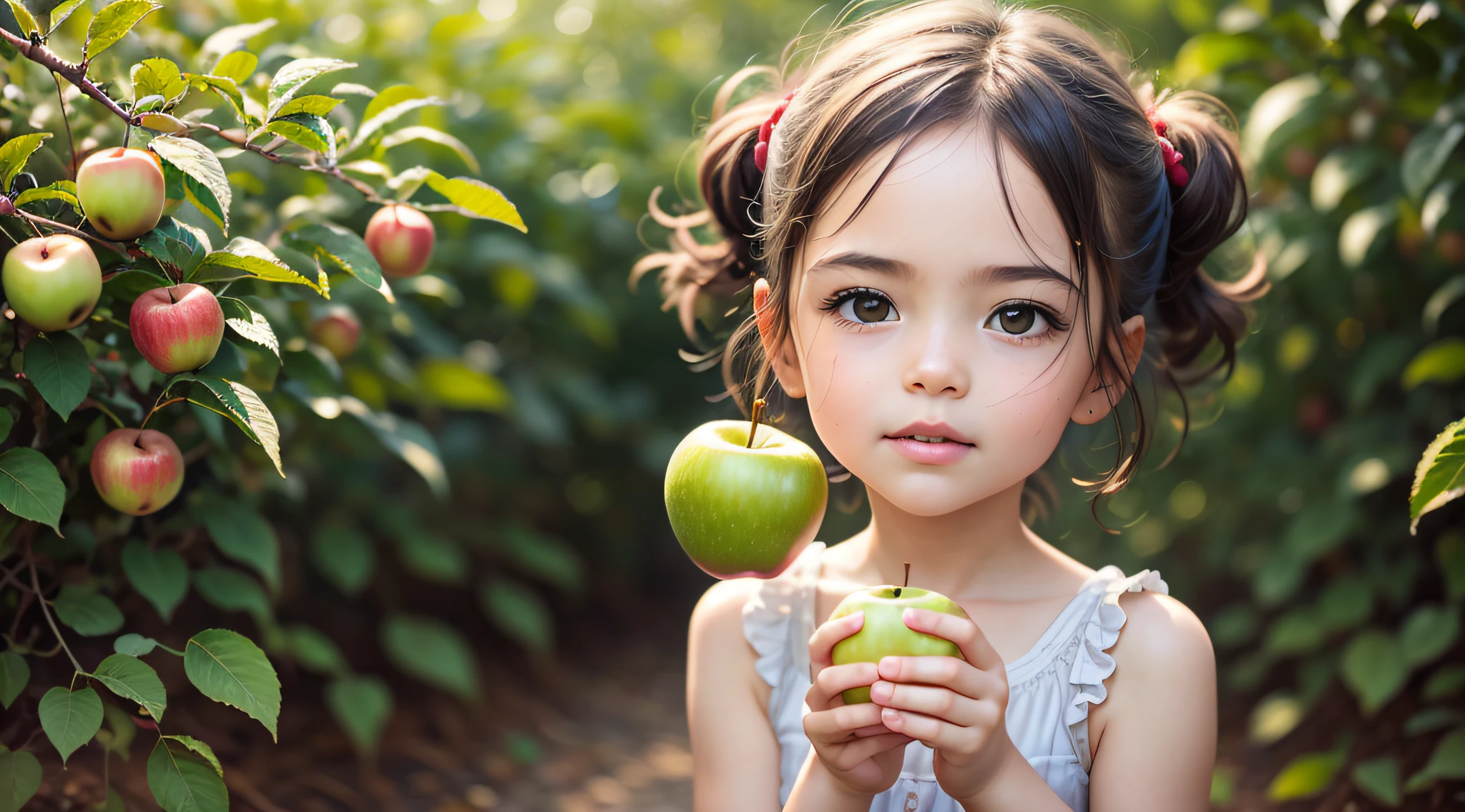 There's a holding a green apple in her hands, holding an apple, one holds apple in hand, Shutterstock, with apple, foto de retrato em close-up, Garotinha, elma, childrens, Foto de Stock, retrato closeup, garota, Imagem de Stock, iStock, cortar, picking apples from a tree, garotada, foto de retrato, a apple, menina jovem bonito