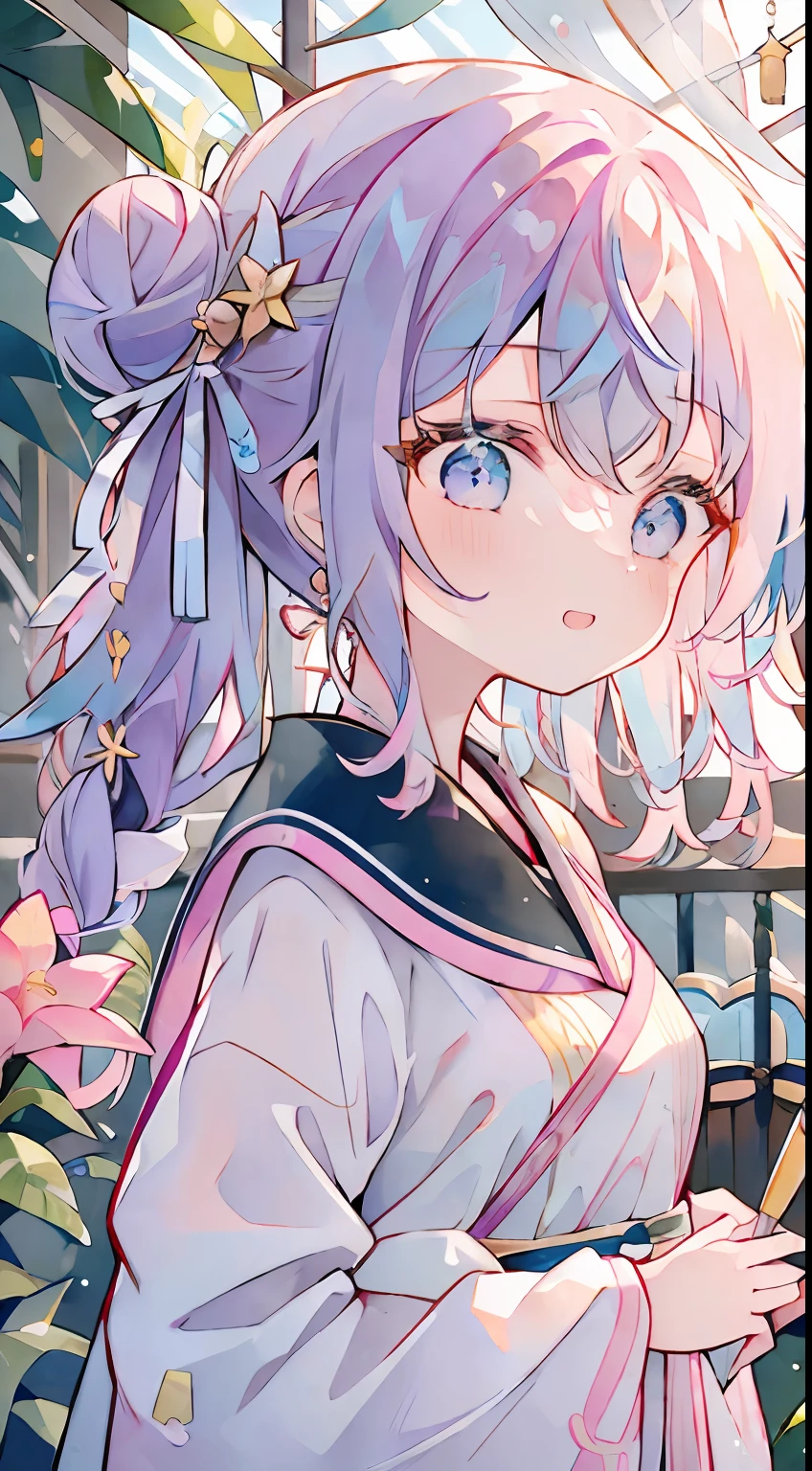 One girl、２Two bun hair、Bun hair、Purple hair、Pink inner color、light blue  eyes、小柄、sano、active、laugh、a smile、An amusement park