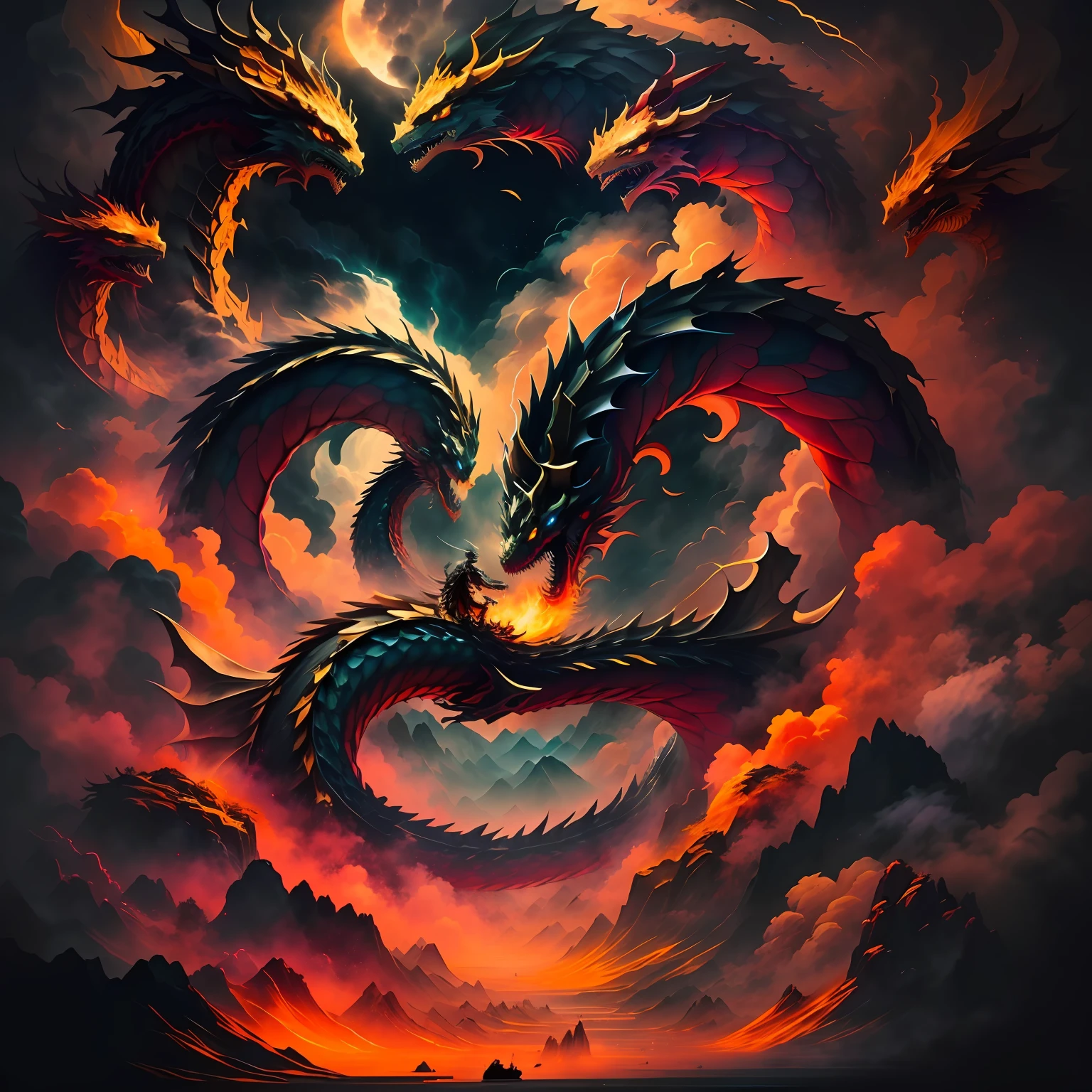 Painting of a dragon in the clouds, Black-gold dragon，Black Gold Chinese Dragon，a dragon made of clouds, Symmetrical epic fantasy art, fractal thunder dan mumford, Chinese Dragon Fantasy, sea serpent, great mystical winged serpent, , dan mumford tom bagshaw, highly detailed digital painting, cloud in the shape of a dragon, storm dragon，Ryujin，Black gold，Advancedsense，luxury goods，Sense of oppression，Golden dragon，Red light