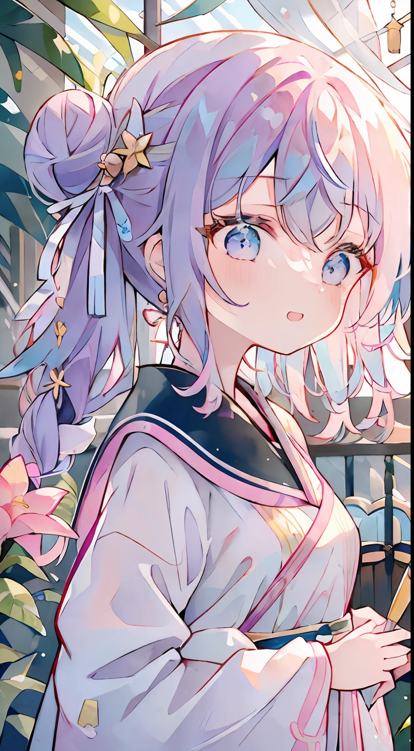 One girl、2Two bun hair、Bun hair、Purple hair、Pink inner color、light blue eyes、小柄、sano、active、laugh、a smile、An amusement park