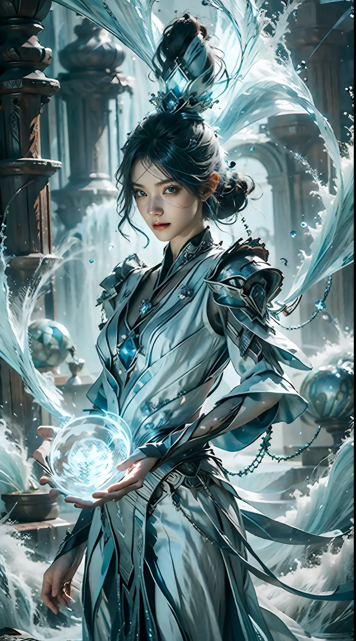 (Game King Card:1.5, rotational symmetry),Stephen Gammell,(cowboy shot),minimalist compositions,ocean waves,Female magician,Exquisite crystal headdress, exquisite crystal armor,Electroluminescent Wire,Dreamy Glow,conceptual digital art, Azure blue and gray,(Very detailed, reasonable design, Clear lines, High sharpness,best quality, masterpiece, 4K )