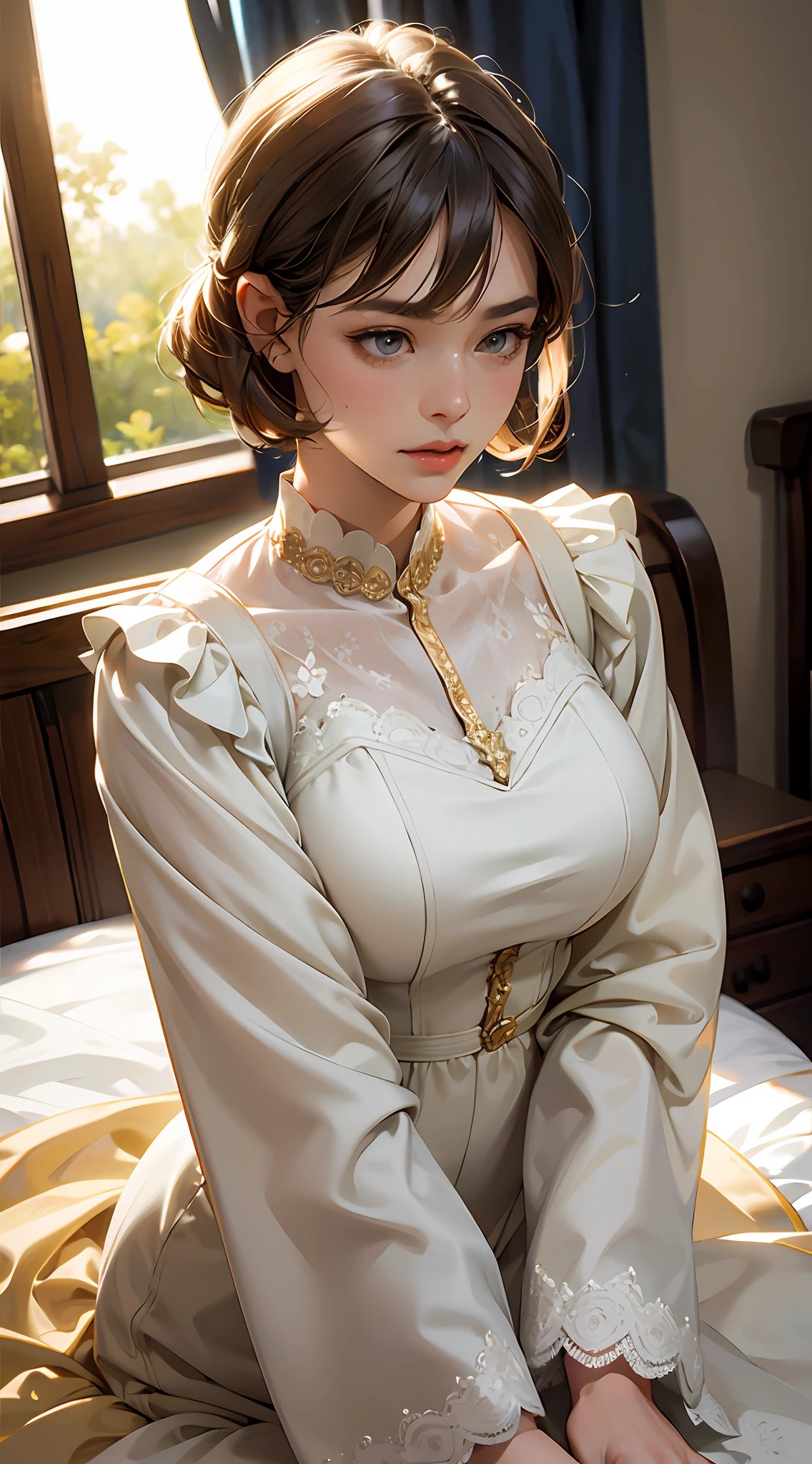 PM, (Knitted Dresses:1), Golden Fringe Shorthair, Light brown eyes, 1girl in, 20yr old, Innocence, (Photorealsitic), (​masterpiece, :1.3),(top-quality:1.4), (超A high resolution:1.2), 超A high resolution, (A detailed eye), (detailed facial features), nffsw, 8K分辨率, (lensflare:0.7),Colossal tits、