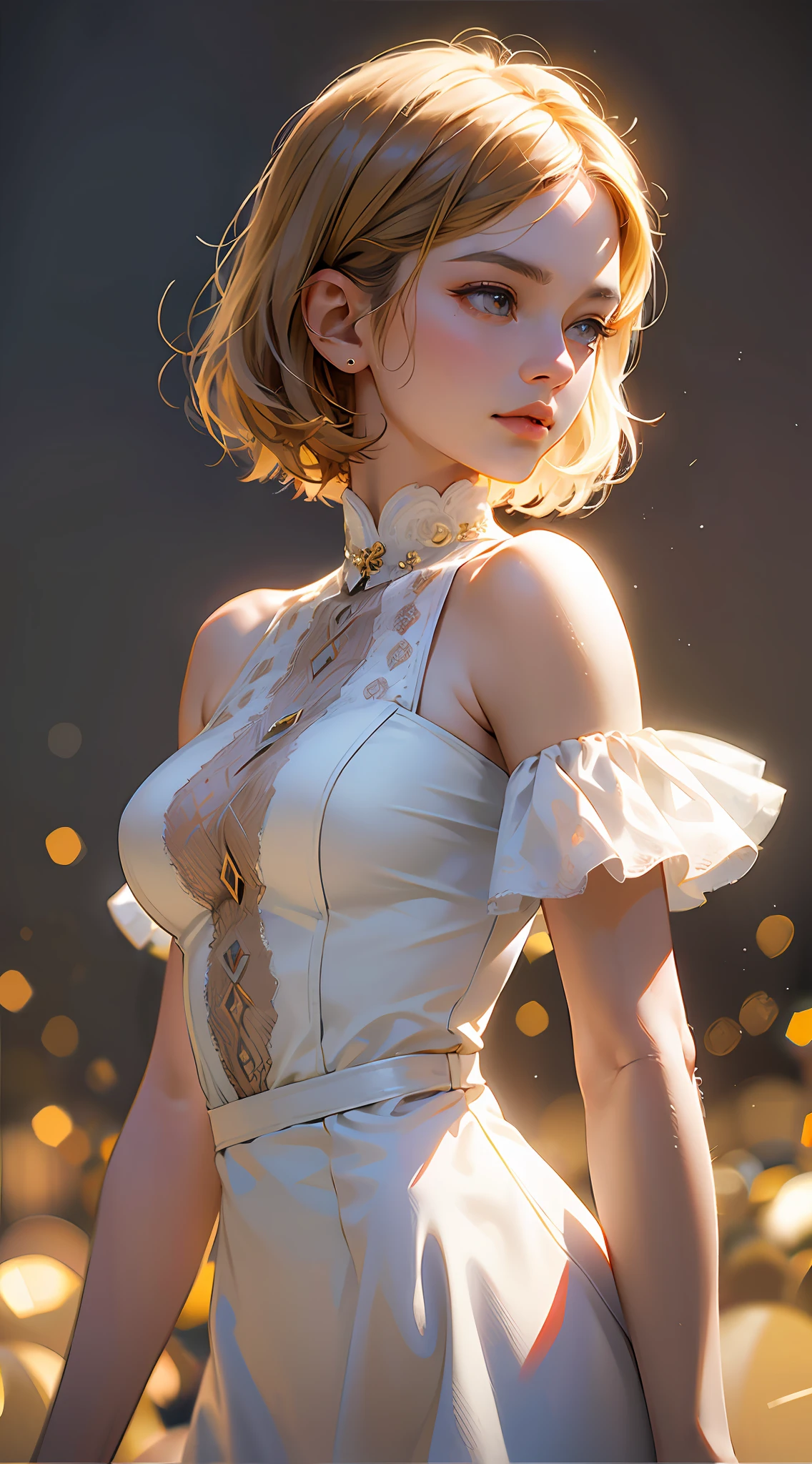 PM, (Knitted Dresses:1), Golden Fringe Shorthair, Light brown eyes, 1girl in, 20yr old, Innocence, (Photorealsitic), (​masterpiece, :1.3),(top-quality:1.4), (超A high resolution:1.2), 超A high resolution, (A detailed eye), (detailed facial features), nffsw, 8K分辨率, (lensflare:0.7),Colossal tits、