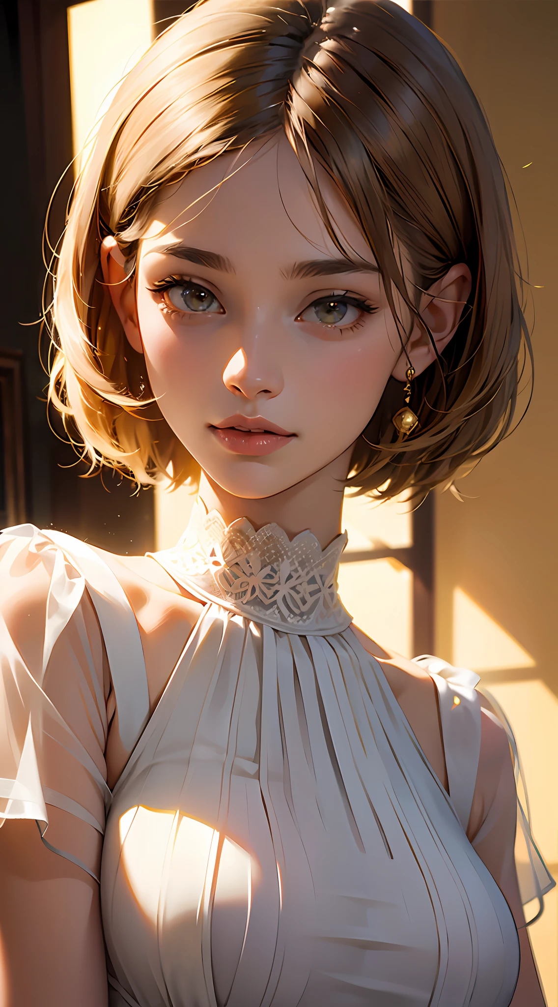 PM, (Knitted Dresses:1), Golden Fringe Shorthair, Light brown eyes, 1girl in, 20yr old, Innocence, (Photorealsitic), (masterpiece, :1.3),(top-quality:1.4), (超A high resolution:1.2), 超A high resolution, (A detailed eye), (detailed facial features), nffsw, 8K分辨率, (lensflare:0.7),Colossal tits、