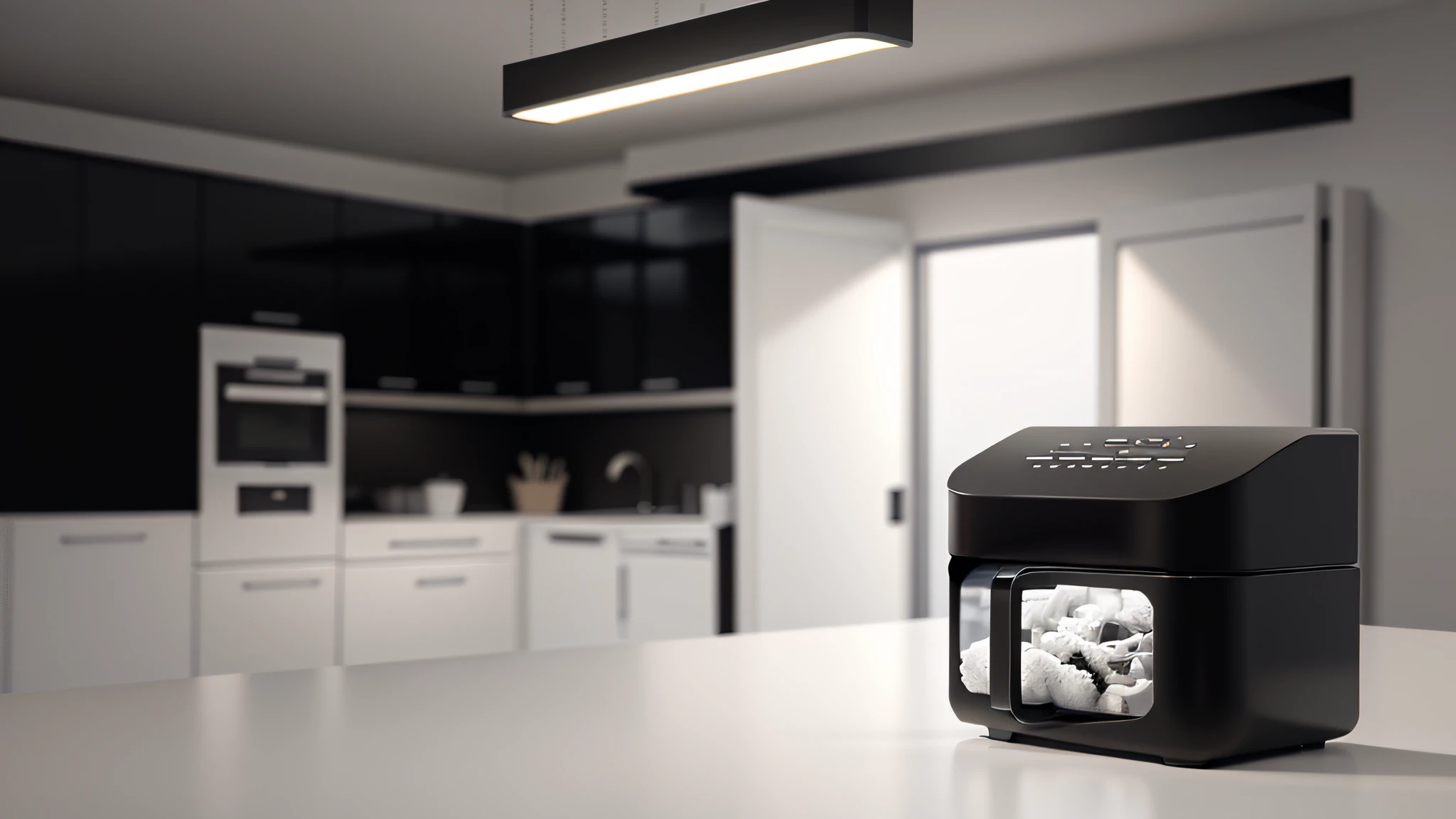 Products placed on the table,Black and white industrial style kitchen,Kitchen background , Chiaroscuro, hyper HD, 8K, Best picture quality ,realisticlying,Foto realism,Black and white background,Cabinets behind the background,Lens perspective blur,Bright lights