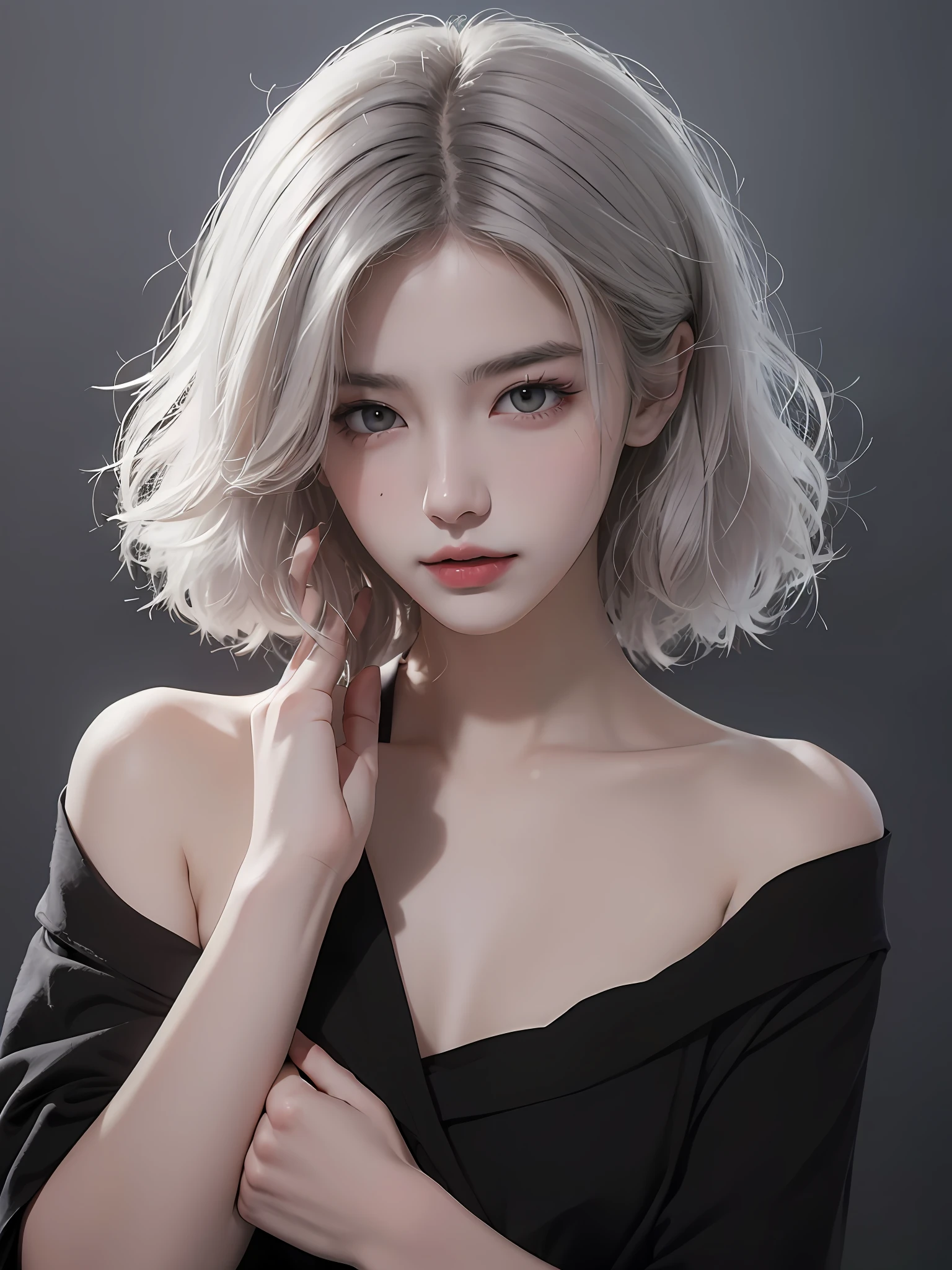 best qualtiy， tmasterpiece， 超高分辨率， （realisticlying：1.5）， RAW photogr， 1girll， bshoulders， in the darkness nigth， deep shading， low tune， cold light， Sexy look， with short white hair