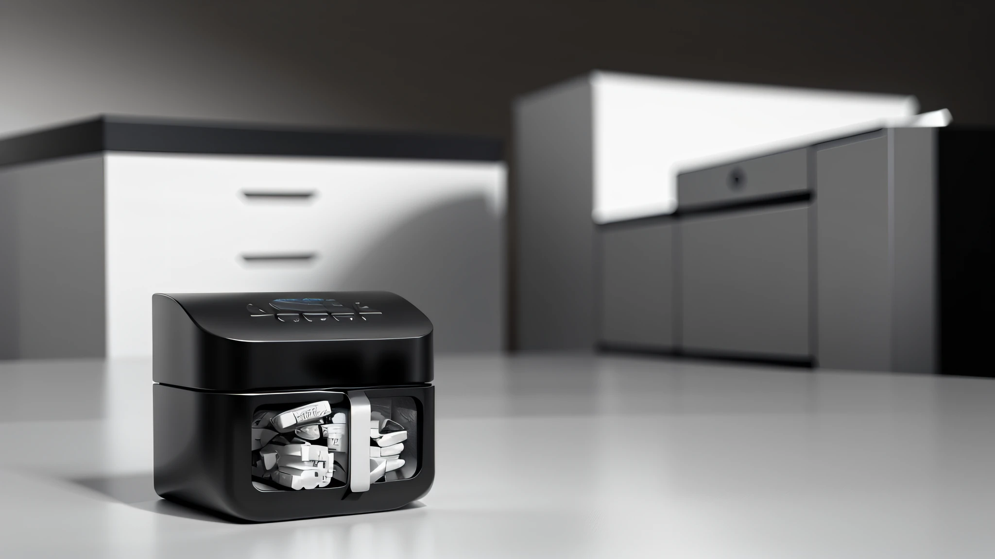 Products placed on the table,Black and white industrial style kitchen,Kitchen background , Chiaroscuro, hyper HD, 8K, Best picture quality ,realisticlying,Foto realism,Black and white background,Cabinets behind the background,Lens perspective blur,Bright lights