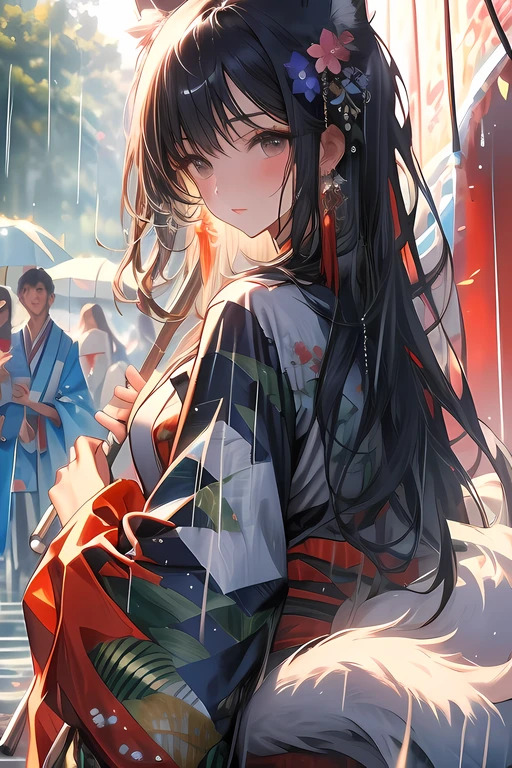 (masterpiece:1.2), best quality,PIXIV,midjourney portrait, 1girl, umbrella, solo, flower, long hair, hair ornament, hair flower, holding umbrella, looking at viewer, rain, holding, outdoors, bangs, japanese clothes, kimono, oil-paper umbrella, black hair, parted lips, long sleeves, upper body, blush, looking back, tassel, wide sleeves, bow, floral print, earrings, white kimono, jewelry, ribbon, fox ears
