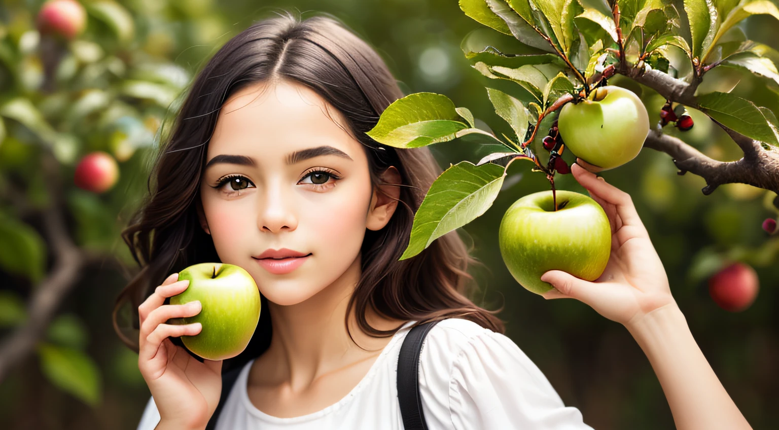 There's a little girl holding a green apple in her hands, holding an apple, one holds apple in hand, Shutterstock, with apple, foto de retrato em close-up, Garotinha, elma, childrens, Foto de Stock, retrato closeup, garota, Imagem de Stock, iStock, cortar, picking apples from a tree, garotada, foto de retrato, a apple, menina jovem bonito