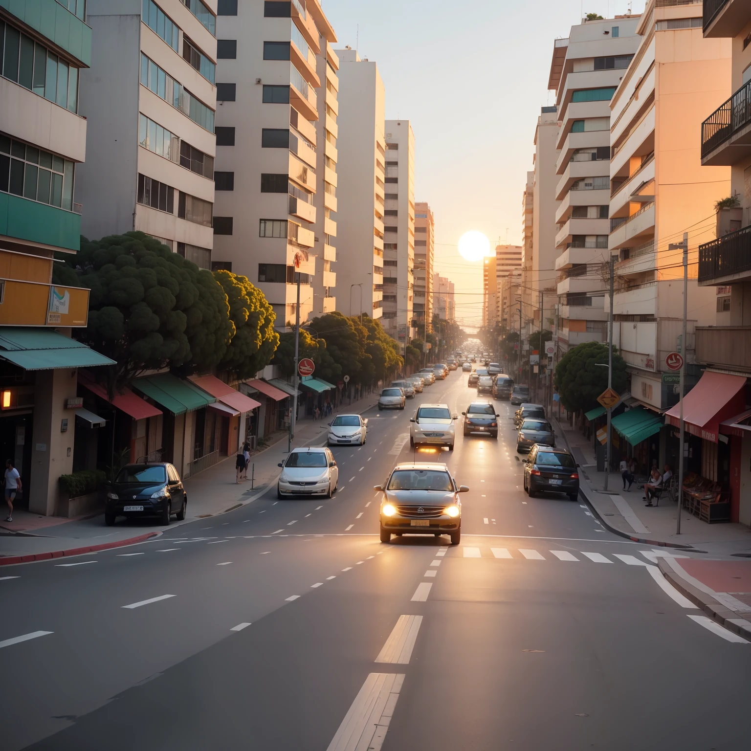 Uma avenida moderna com uma baleia nadando por do sol urubus comendo animal morto meio sombrio