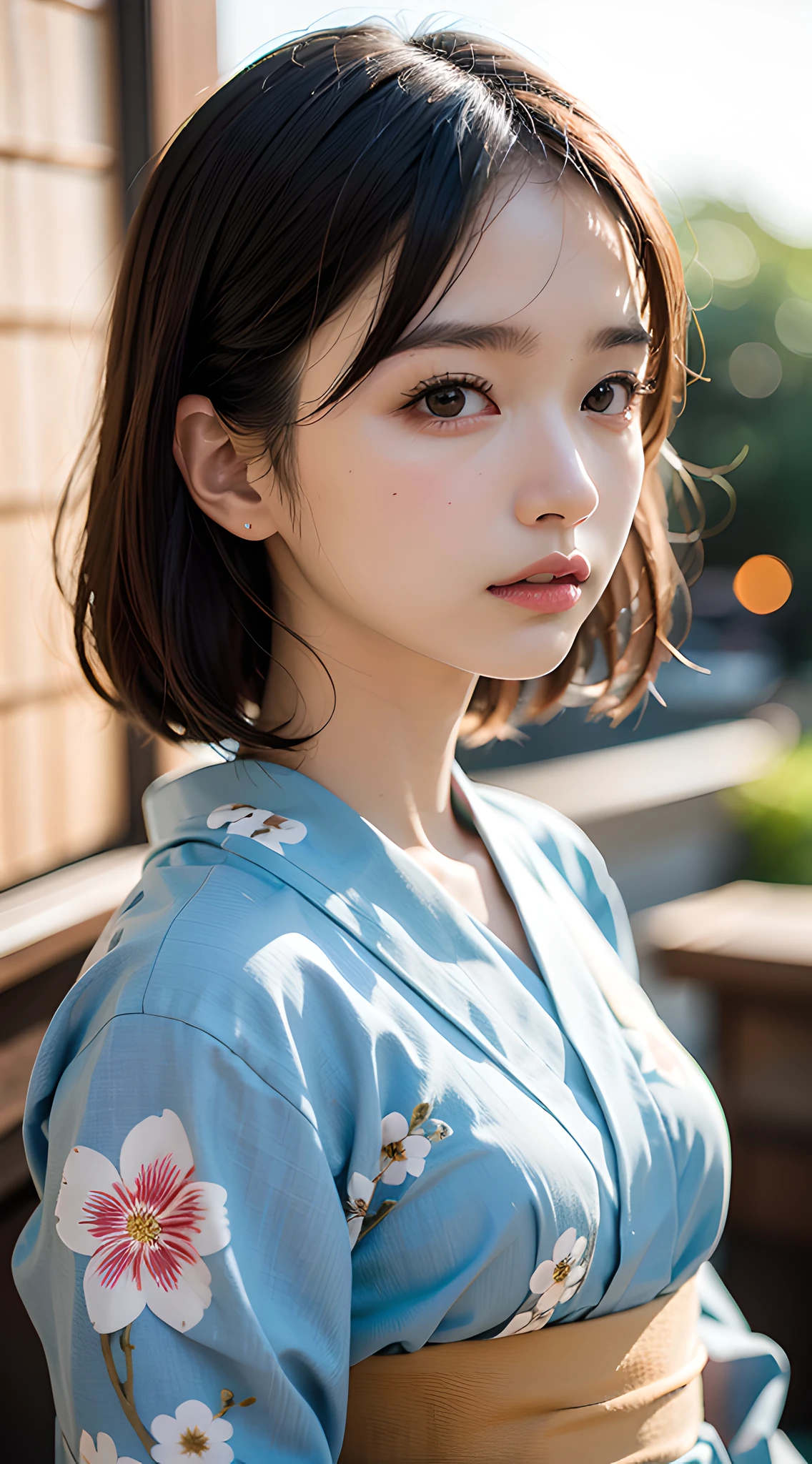 (masterpiece, best quality:1.4), beautiful face, 8k, 85mm, absurdres, (floral pattern yukata:1.4), face close up, violaceaess, gardeniass, delicate girl, solo, night, looking at viewer, upper body, film grain, chromatic aberration, sharp focus, facelight, professional lighting, sophisticated, (smile:0.4), (simple background, bokeh background:1.2), detail face