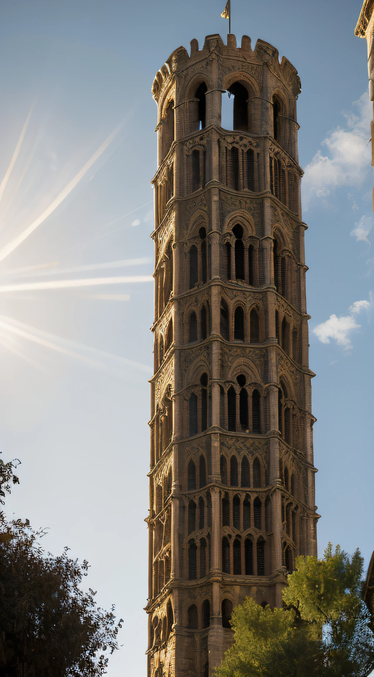 close up depiction of a medieval fantasy romanesque tower, exterior, medieval fantasy romanesque architecture, elaborate, in a big medieval city, (backlighting), realistic, masterpiece, highest quality, lens flare, shade, bloom, [[chromatic aberration]], by Jeremy Lipking, by Antonio J. Manzanedo, digital painting