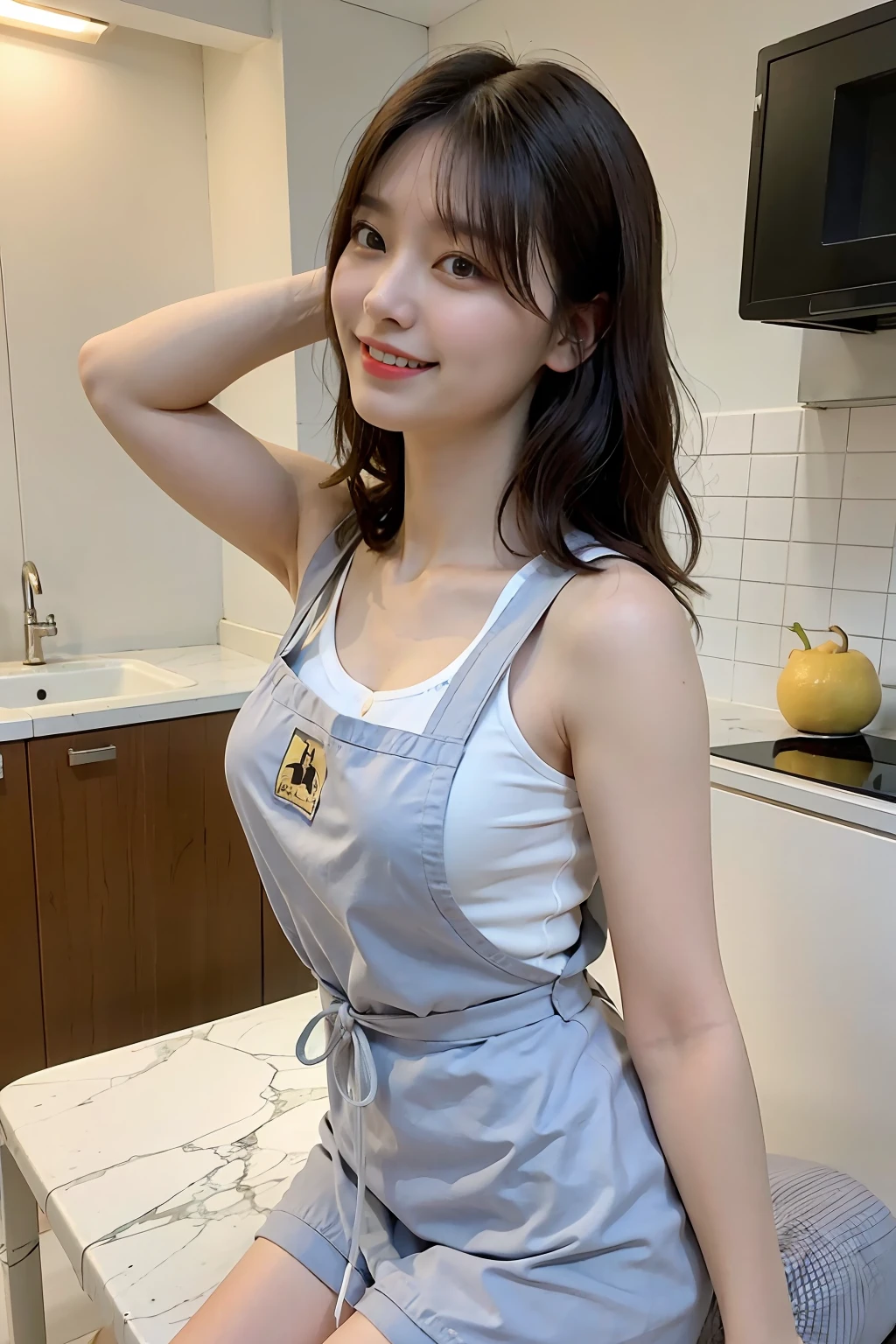 a woman is cooking、(kitchin_Apron:1.Wear 3)、Good Hand、4K、hight resolution、​masterpiece、top-quality、Cap:1.3、((Hasselblad photo))、Fine skin、foco nítido、(lighting like a movie)、Soft lighting、dynamic ungle、[:(详细的脸:1.2):0.2]、Medium chest、sweats streamed skin:1.2、(((In the kitchen))) A smile　Beautiful profile　Colossal tits　Beautiful body　Tying hair　Wide background々and a luxurious living room　Luxurious and luxurious living　Luxurious living room　Beautiful living room　Beautiful living room　A smile　an orange　lemons　A smile　Laughing　banana in　pineapple　Luxurious room　beautiful  lighting　Beautiful lighting　Very large room　very high image quality　very high res　8k Photos　Viewer's Perspective　Very gorgeous room　luxury room