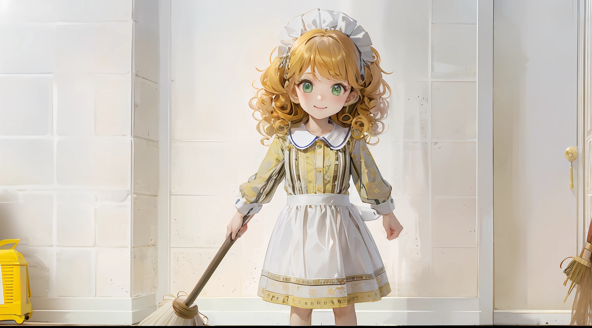 photorealisim、full body Esbian、１２Year old girl、Cute with green eyes１２Year old girl、Severe curly hair、Naturally curly hair、Golden hair、hitornfreckles、Housemaid style、ssmile、Cleaning cheerfully with a broom