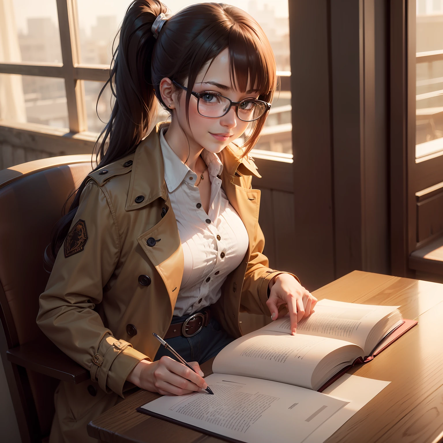 (masutepiece, Best Quality:1.2), Cowboy Shot, Solo, 1girl in, eye glass　Smile, Looking at Viewer, Read the book Side Ponytail　, eyewear on head, trench coat,