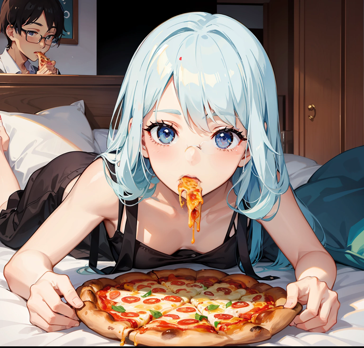 Eating pizza in bed、Two Men and Women、Photo of a man in glasses