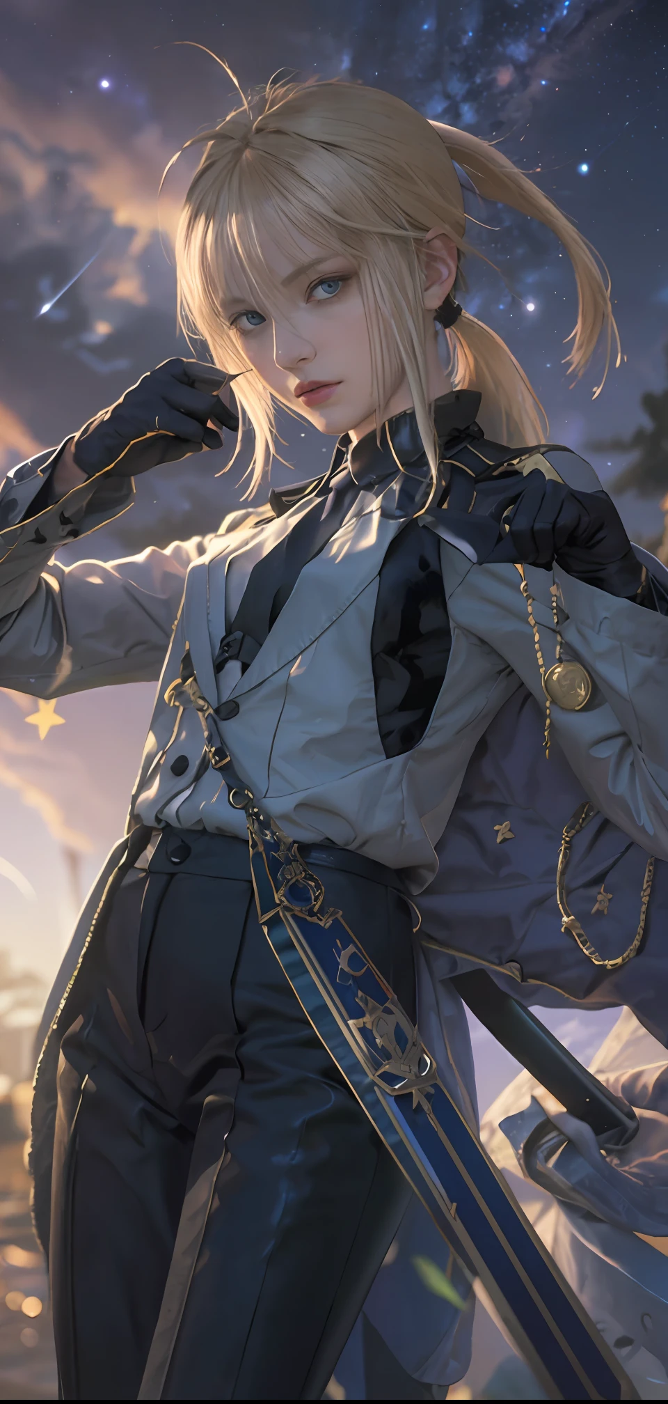((masterpiece:1.2, best quality)), realistic, 1girl, solo, blood, male focus, looking at viewer, artoria pendragon \(fate\), black (((suit))), black (((pant suit))), (((ponytail))), (((black gloves))), aurora, night, stars (sky), sky, night sky, starry sky, holding Magic Sword, Dark Clouds, Night, model shot, (Impressionism: 1.4), (Tarot: 1.3), Alphonse Mucha, BREAK