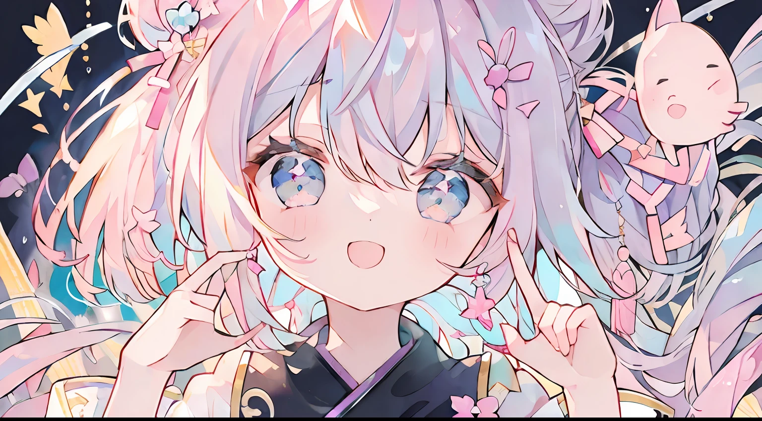 One girl、22 hairs、Bun hair、Purple hair、Pink Inner Color、light blue eyes、小柄、sano、Active、Laugh、A smile、Geometric pattern background