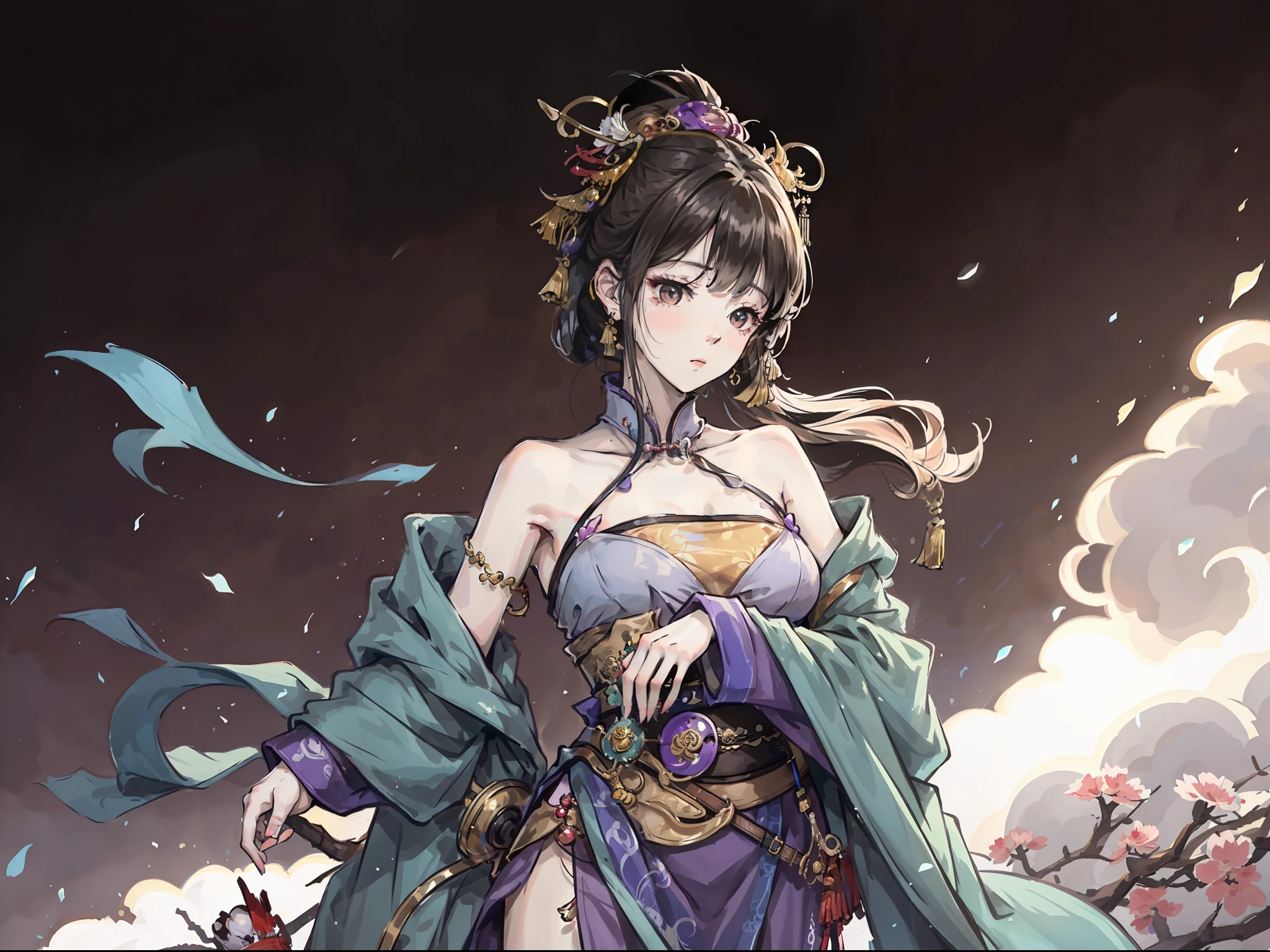 I don't know what to say，Anyway, just draw a Zhen Ji casually，The clothes of Zhen Ji killed by the Three Kingdoms were about purple，The whole person becomes a Chinese style posture，It is Asian women's Chinese style，chinesedragon，chinese deity，Normal facial features，Normal fingers and everything is normal，Bare shoulders，Expose calves，Open navel，Expose the lower abdomen，The rest are all normal，Dressed in ancient Chinese Hanfu robes，femele，Zhen Ji