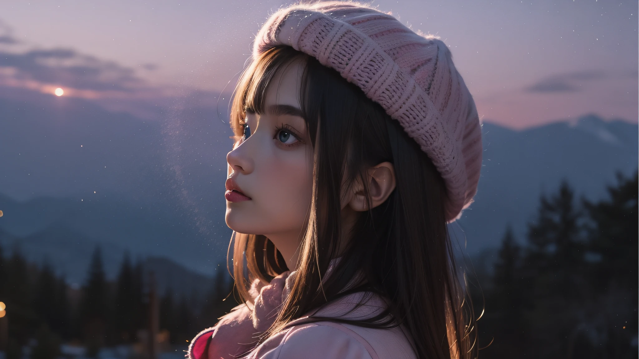 Winters,Look sideways at the stars,Pink hat,Pink clothes,blue color eyes