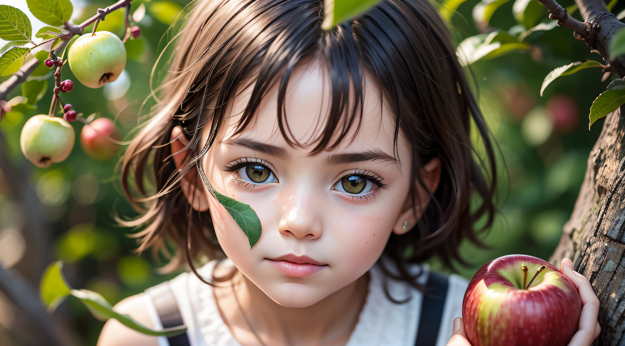 There's a little girl holding a green apple in her hands, holding an apple, one holds apple in hand, Shutterstock, with apple, foto de retrato em close-up, Garotinha, elma, childrens, Foto de Stock, retrato closeup, garota, Imagem de Stock, iStock, cortar, picking apples from a tree, garotada, foto de retrato, a apple, menina jovem bonito