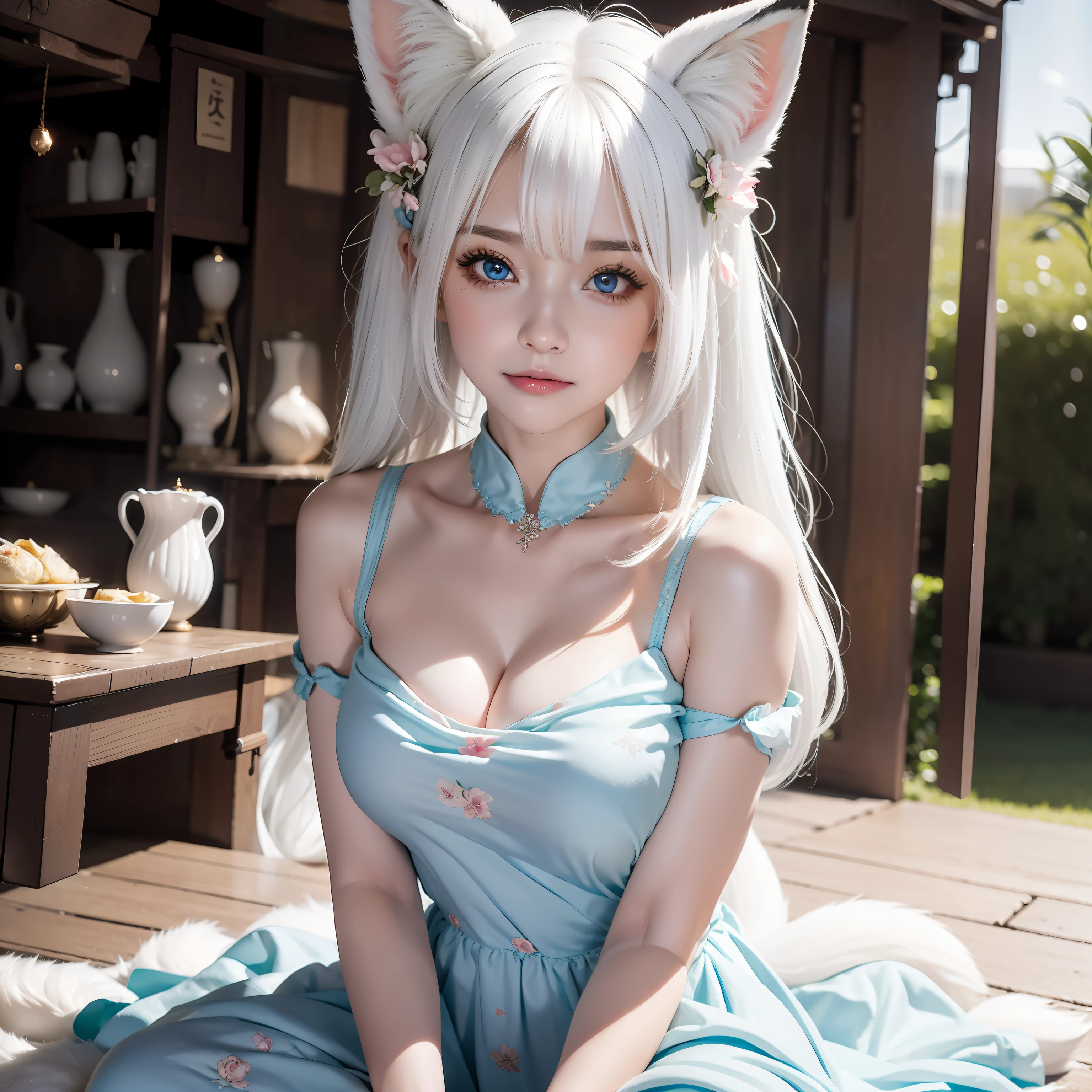 Fox ears white hair girl，fluffy fox ears，fox tails，No ears，Pink floral maxi dress，A beauty with only fox ears，Hair clogs the ears，Fox girl，Fox eyes，Enchanted，Charming，16k， best qualityer， tmasterpiece， 1womanl， 独奏， mature， Raised sexy， Highly detailed face and eyes， professional make-up，  ，， glow blue eyes，Fox ears white hair girl