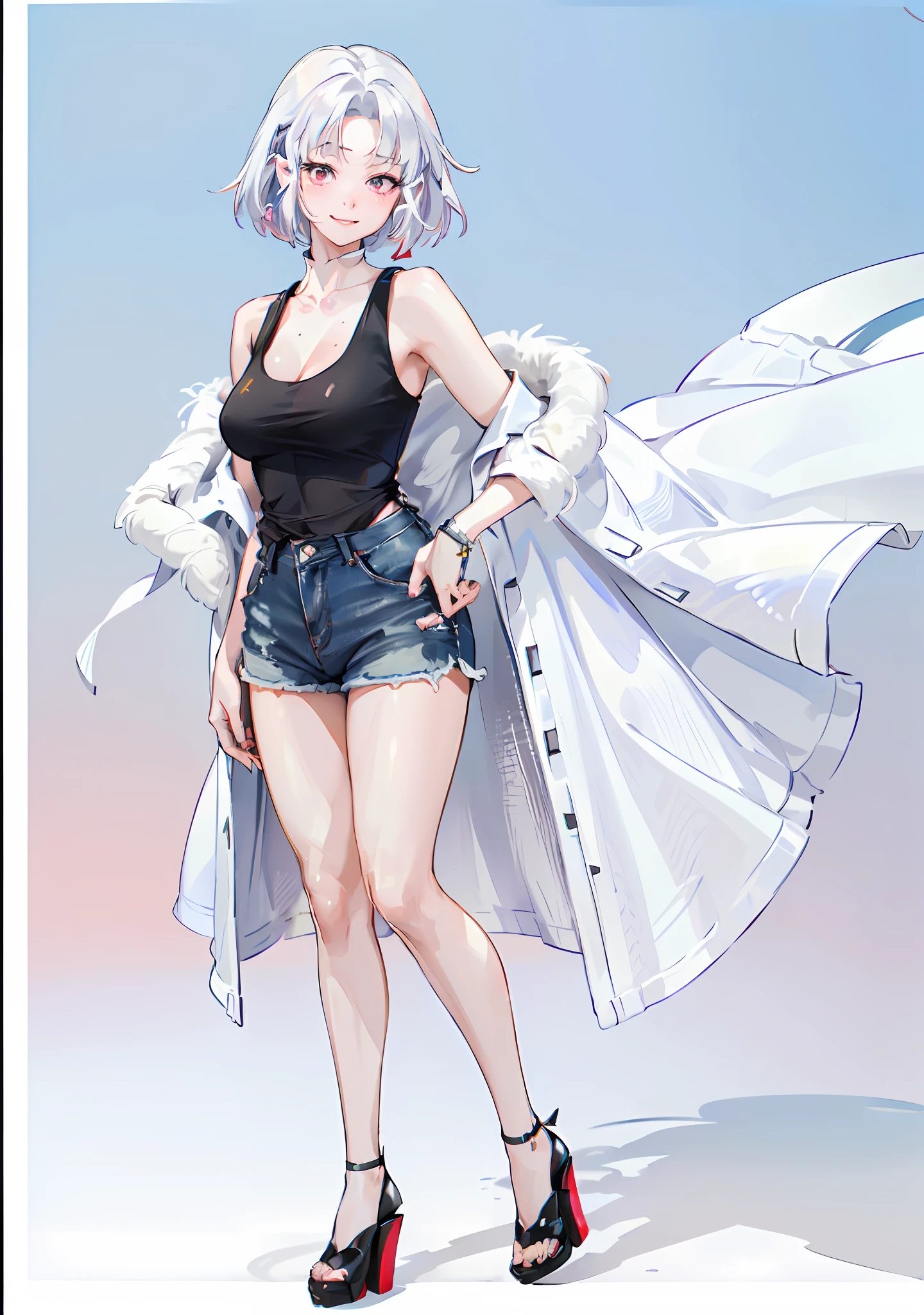 ((((masterpiece, best quality, high resolution)))), 1girl, white hair, red eyes, average breasts, blush, light smile, glow, thighs, bare shoulders, collarbone, narrow waist, cleavage, (beautiful detailed face, beautiful detailed eyes), (oversized short fluffy coat, see through white tank top, ripped denim shorts, high heels), (harajuku fashion), Harajuku