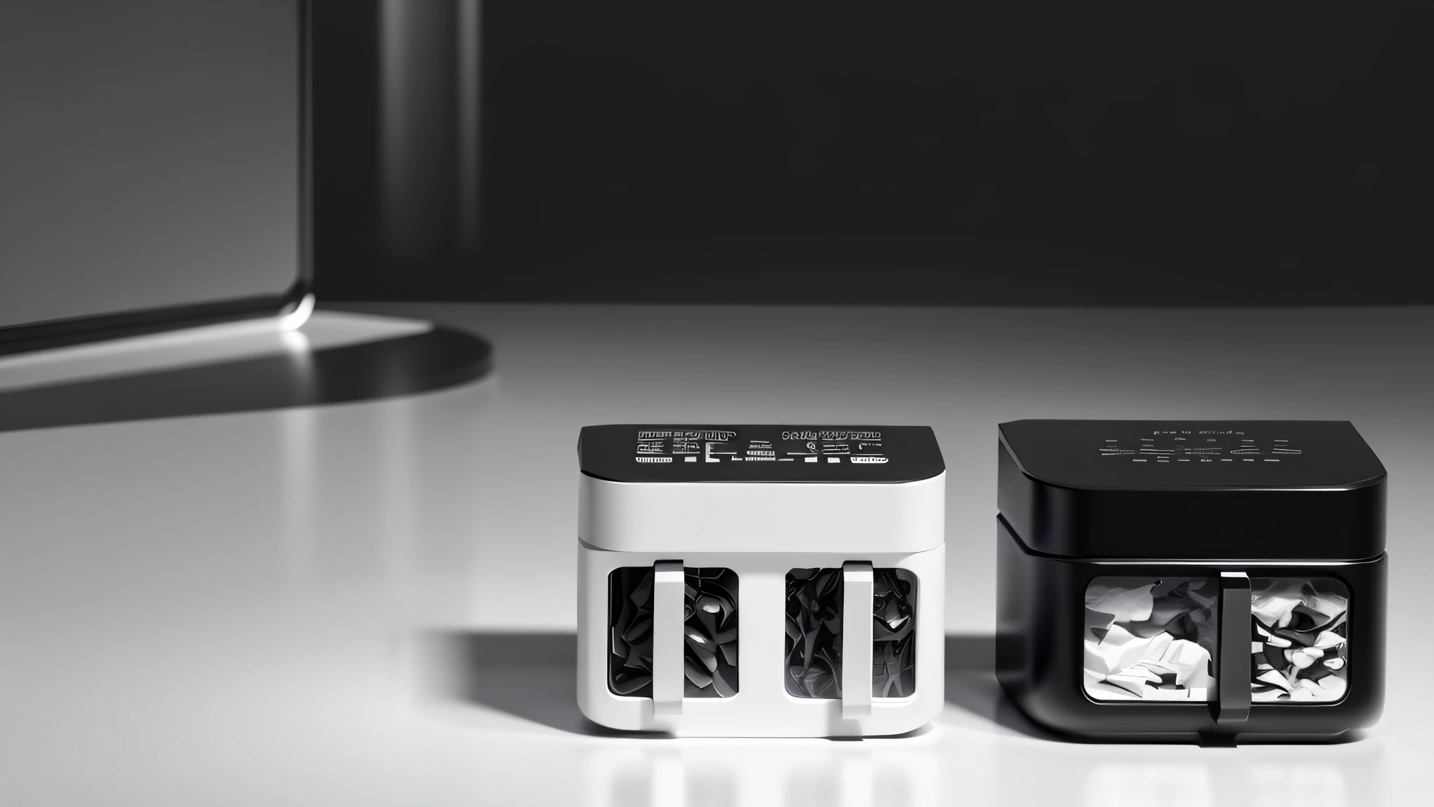 Products placed on the table，Black and white industrial style kitchen，Kitchen background , Chiaroscuro, hyper HD, 8K, Best picture quality  ,realisticlying，Foto realism，Black and white background，Cabinets behind the background，Lens perspective blur，Bright lights